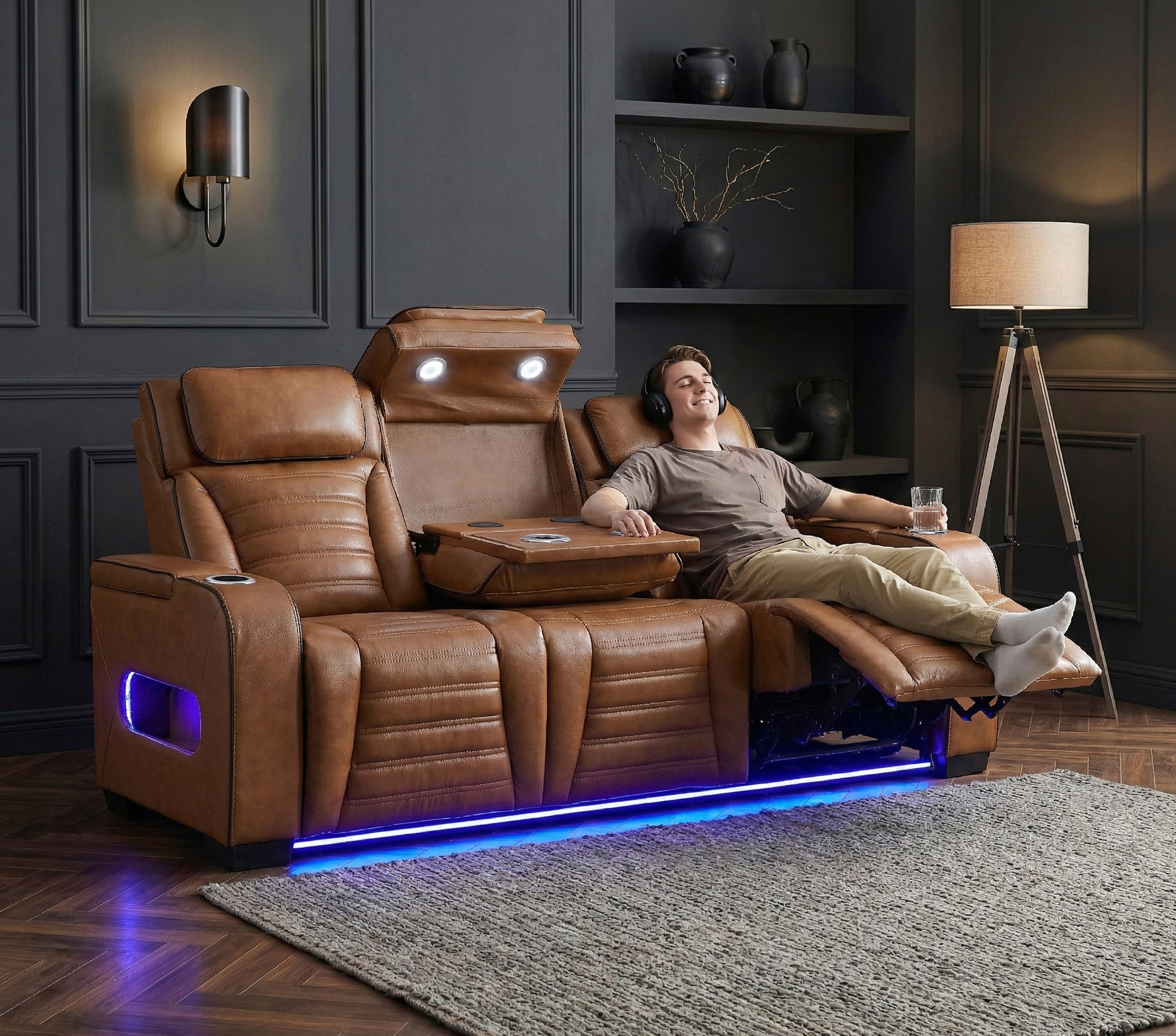 Cyber Leather Power Double Reclining Sofa with LED Lighting & Air Massage
