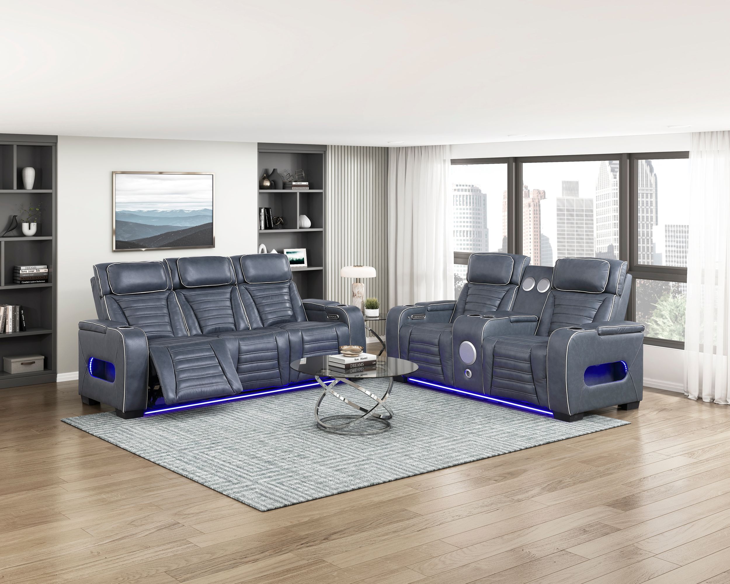 Cyber Leather Power Double Reclining Sofa with LED Lighting & Air Massage