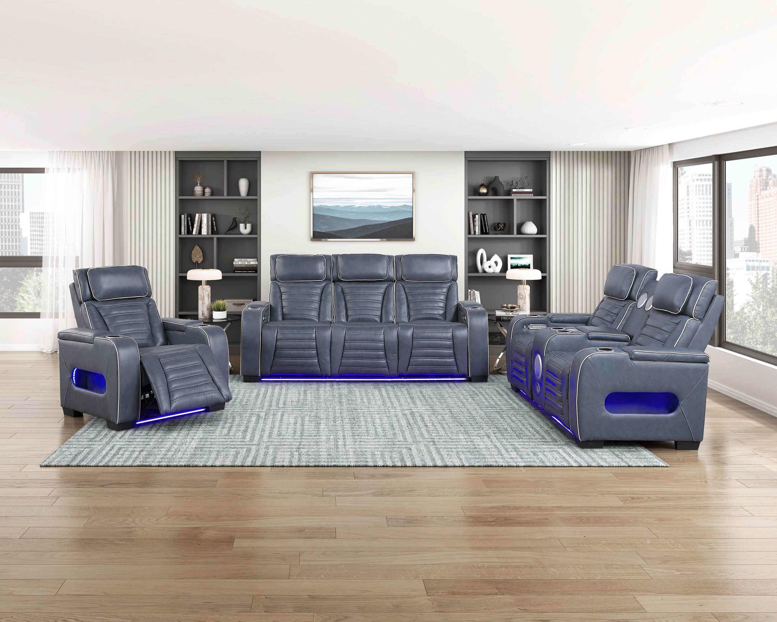 Cyber Leather Power Double Reclining Sofa with LED Lighting & Air Massage