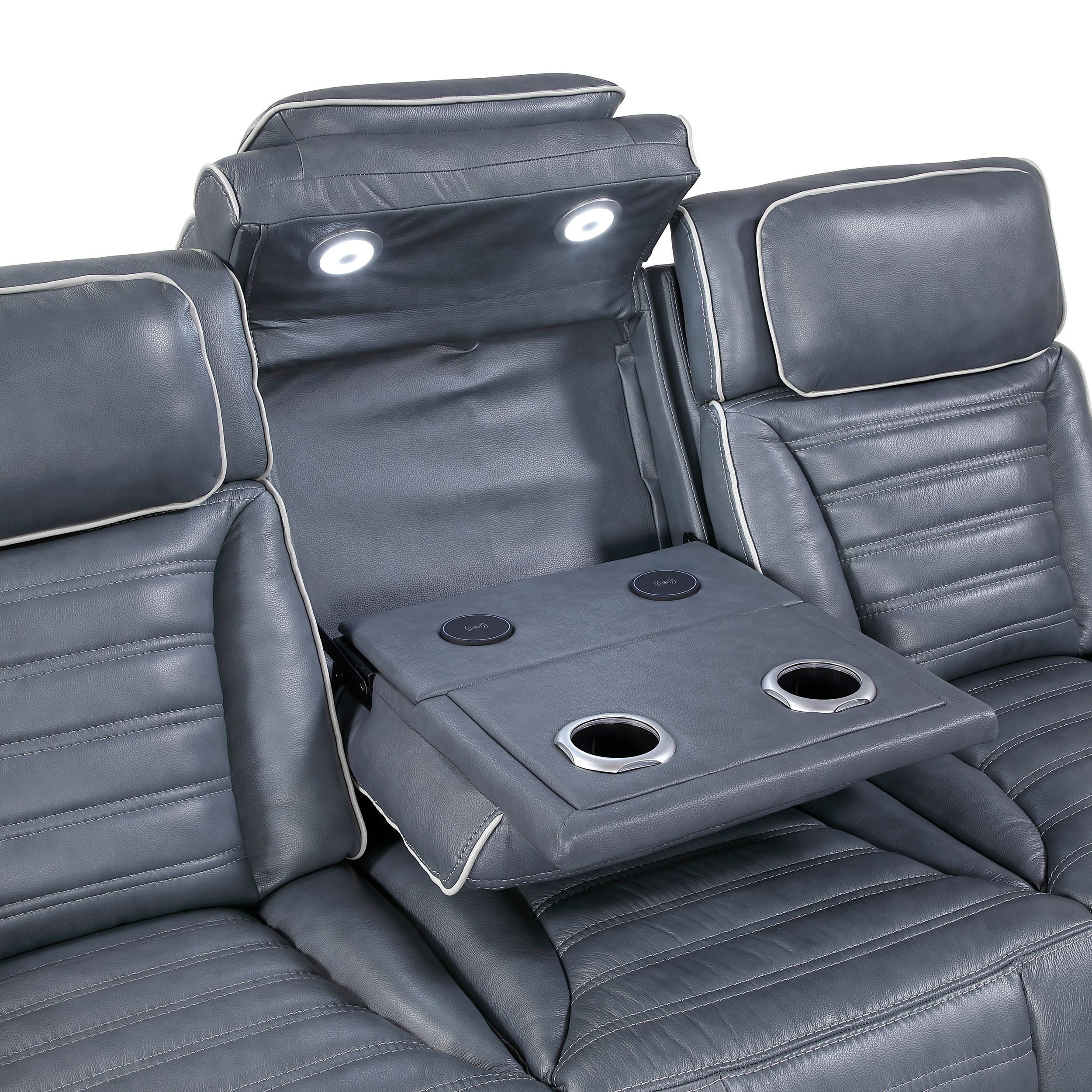 Cyber Leather Power Double Reclining Sofa with LED Lighting & Air Massage