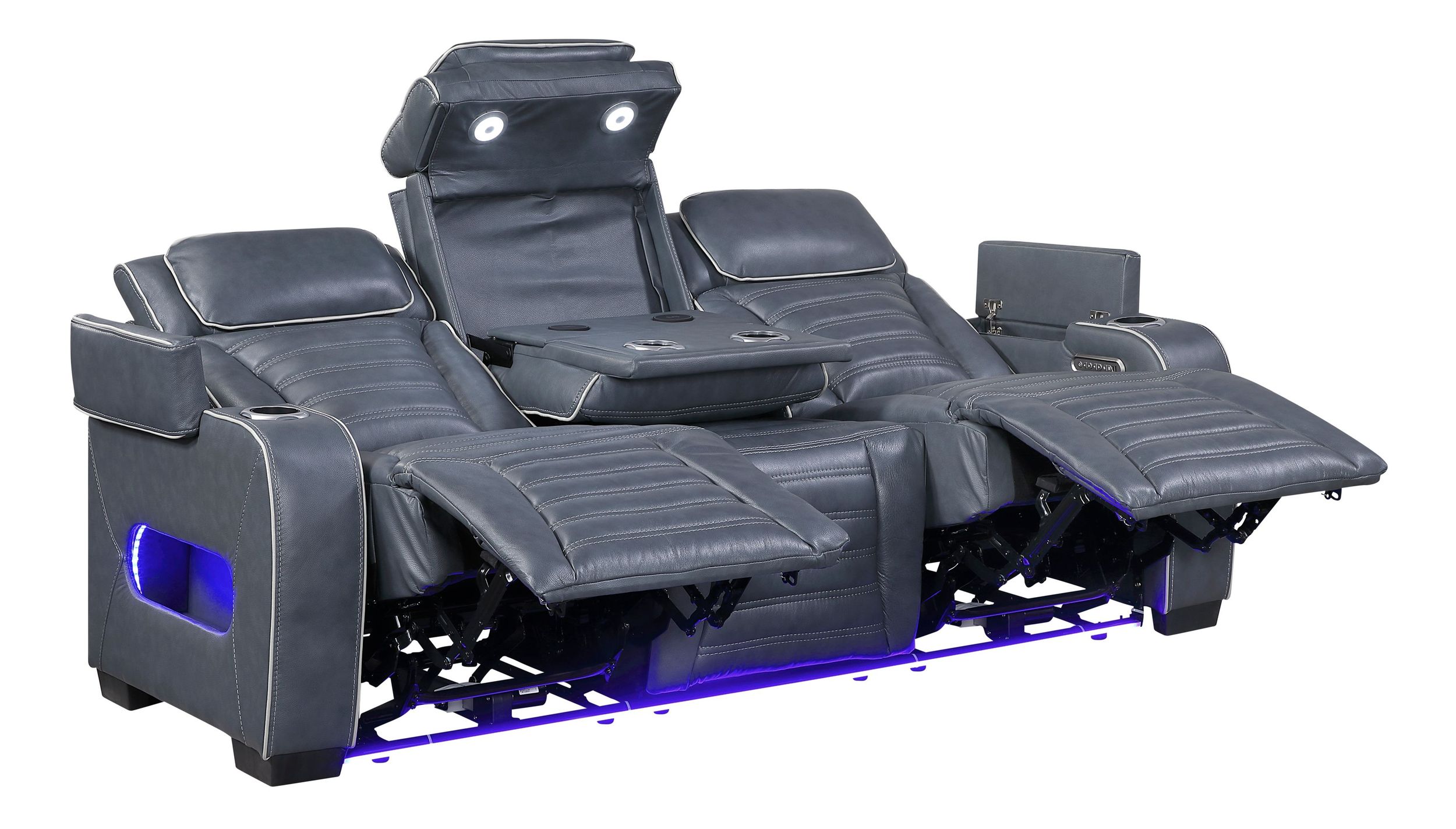 Cyber Leather Power Double Reclining Sofa with LED Lighting & Air Massage
