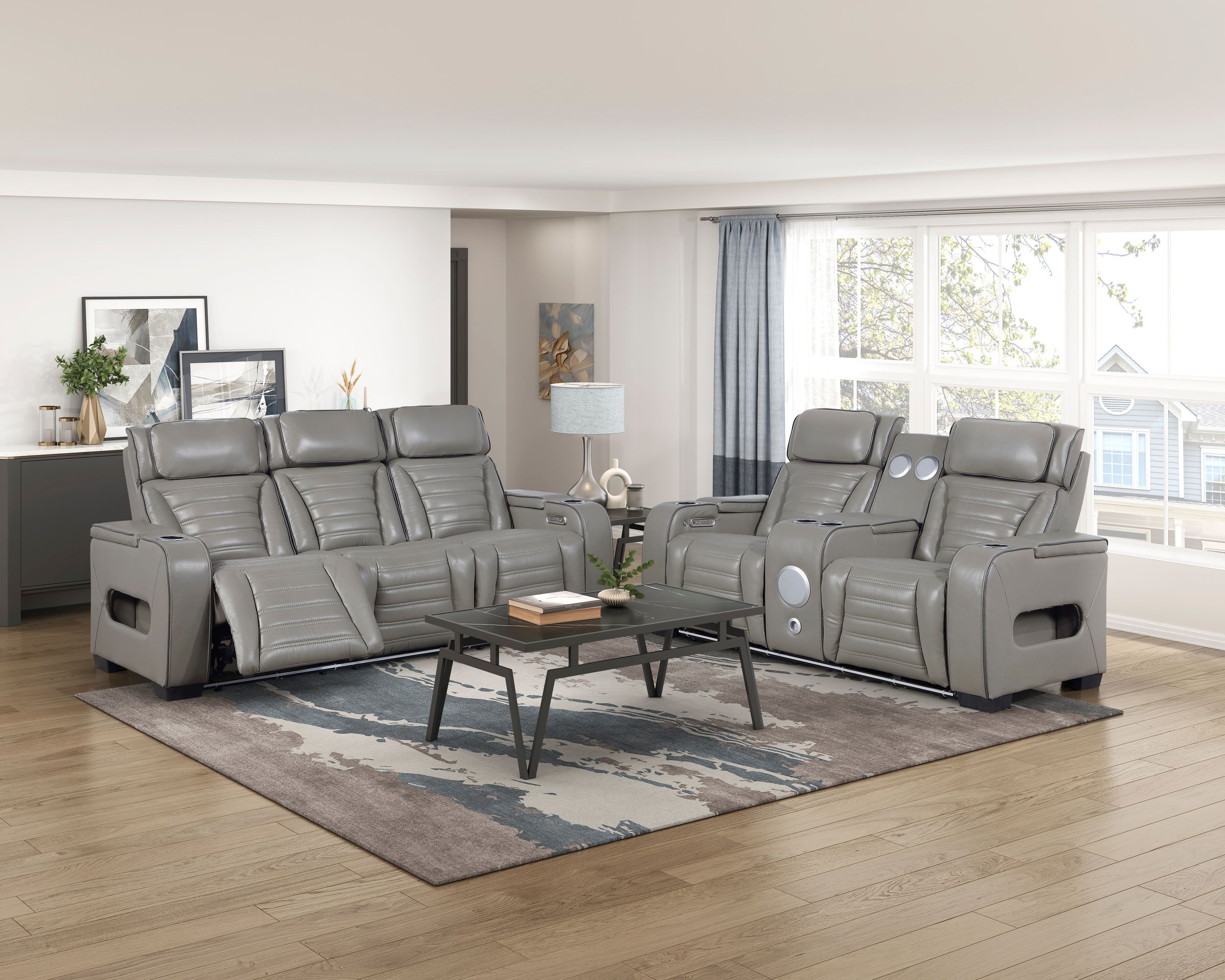 Cyber Leather Power Double Reclining Living Room Set with LED Lighting & Air Massage