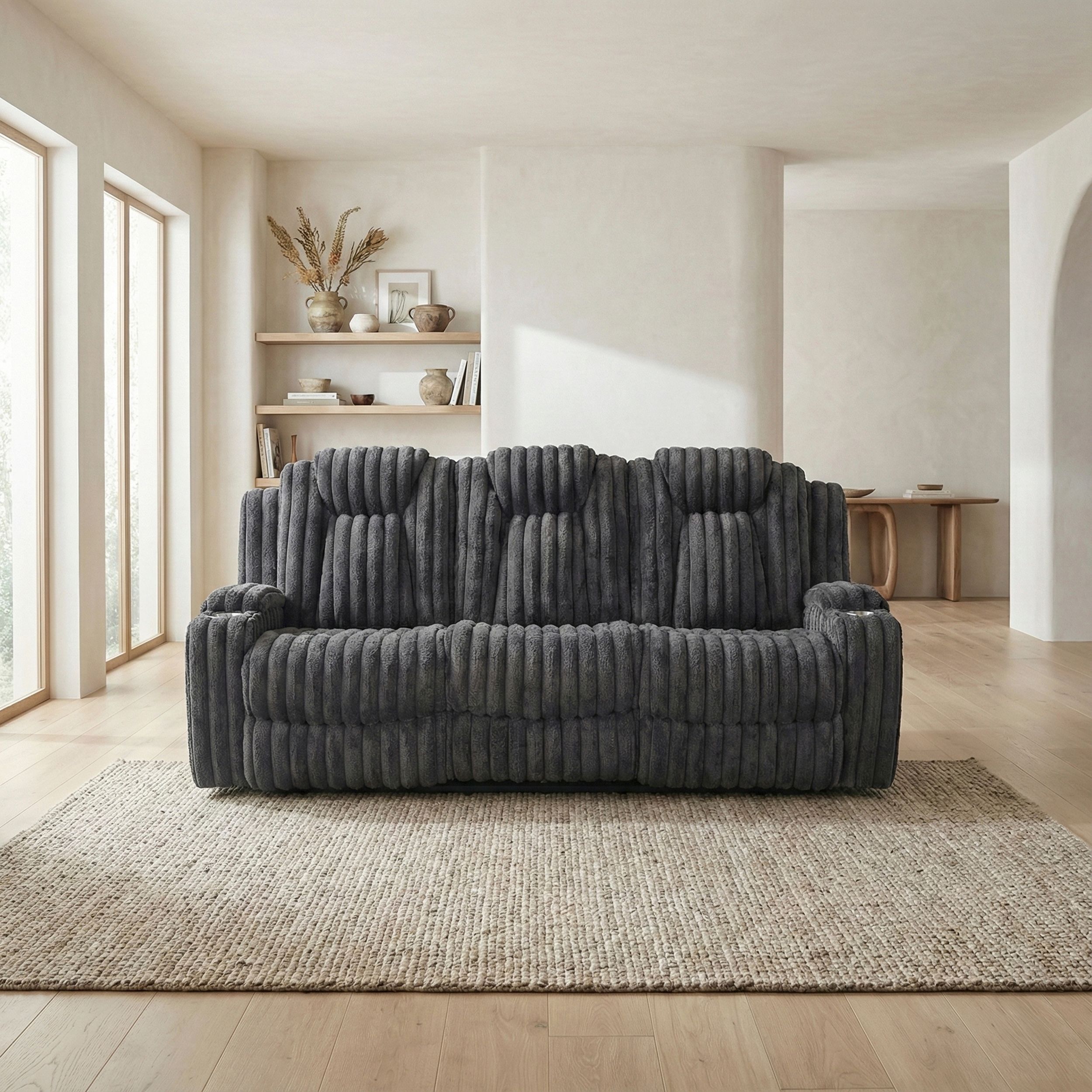 Phyllis Corduroy Double Reclining Sofa with Cup Holders