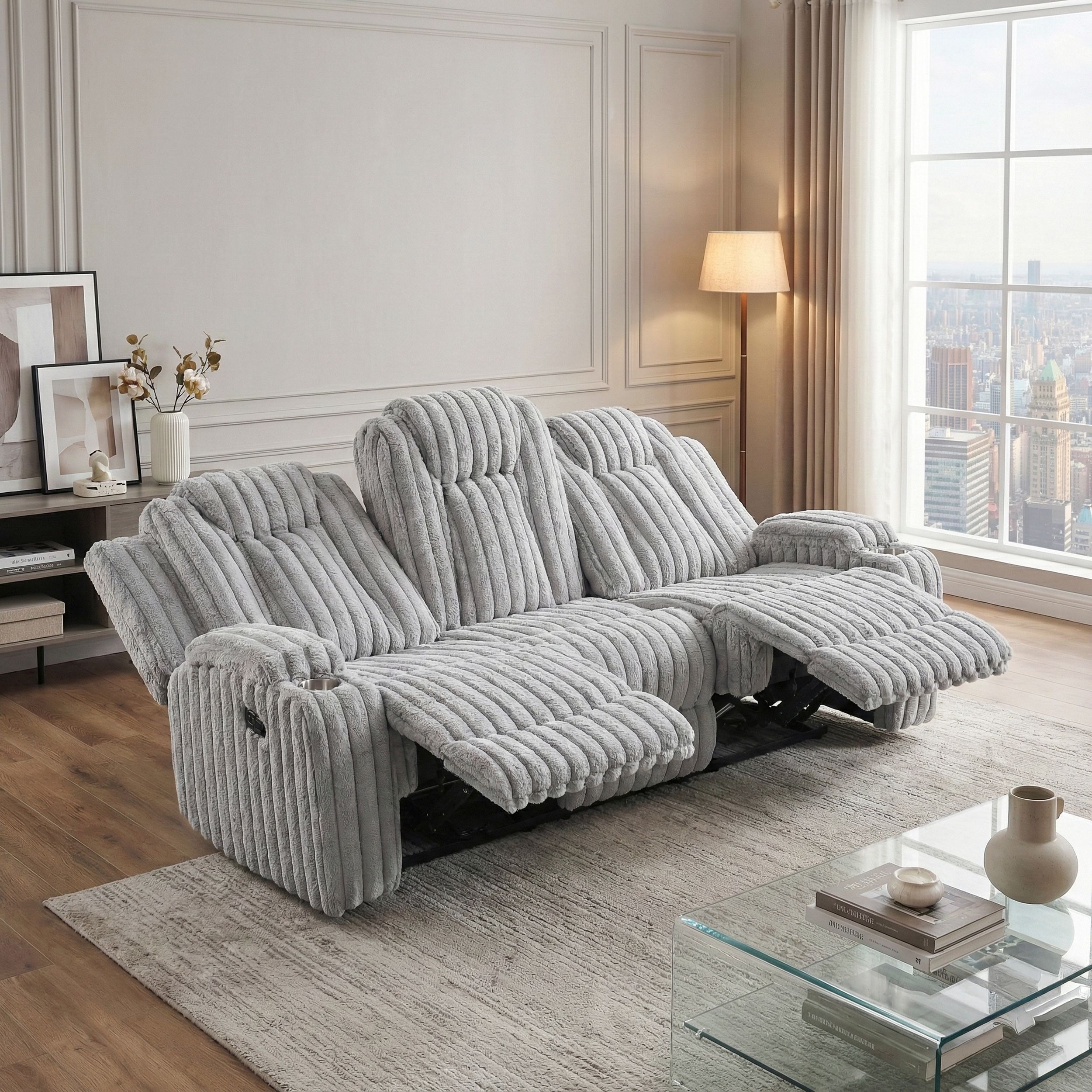 Phyllis Corduroy Double Reclining Sofa with Cup Holders