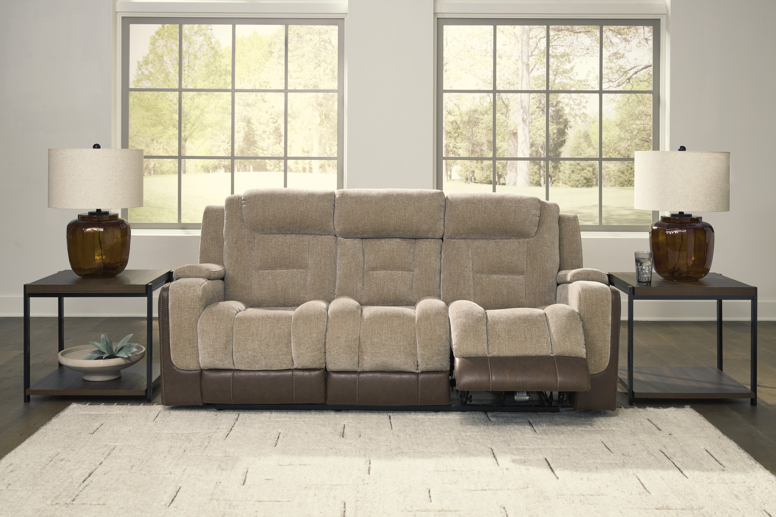 Mixed Motion Faux Leather/Polyester Power Reclining Living Room Set with Adjustable Headrest