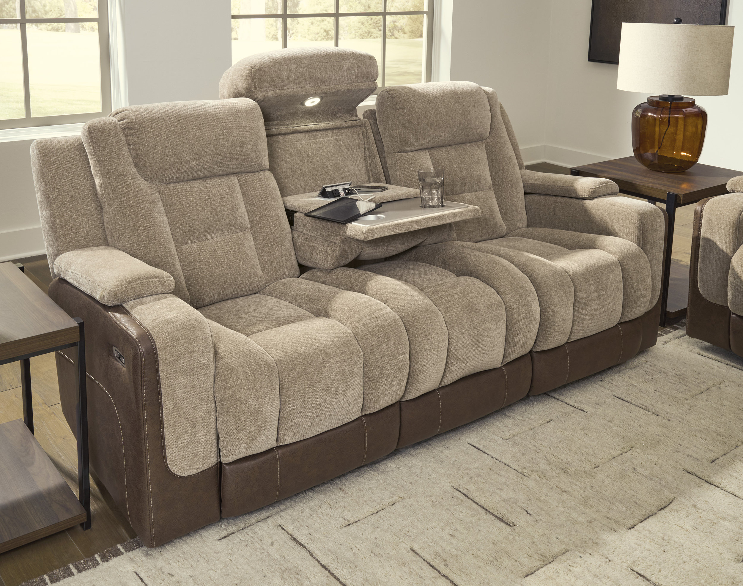 Mixed Motion Faux Leather/Polyester Power Reclining Sofa with Adjustable Headrest