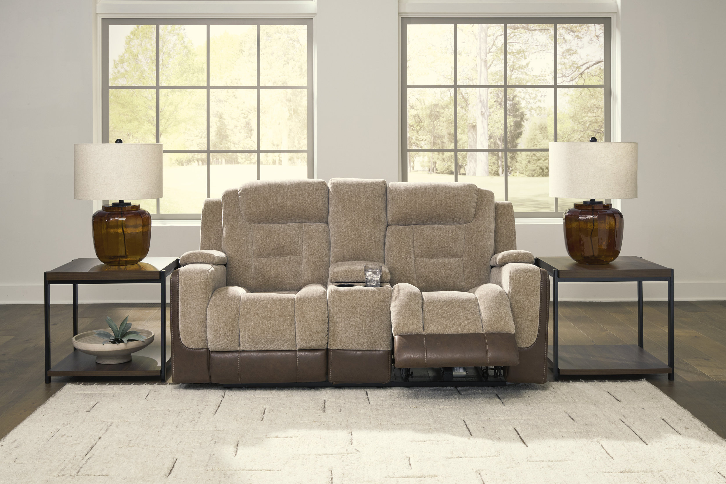 Mixed Motion Faux Leather/Polyester Power Reclining Loveseat with Adjustable Headrest