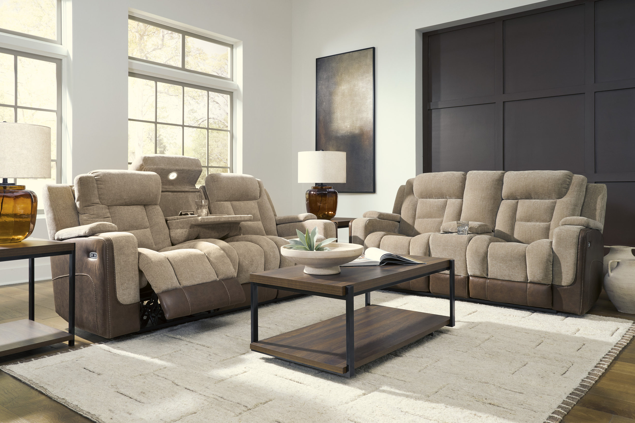 Mixed Motion Faux Leather/Polyester Power Reclining Loveseat with Adjustable Headrest