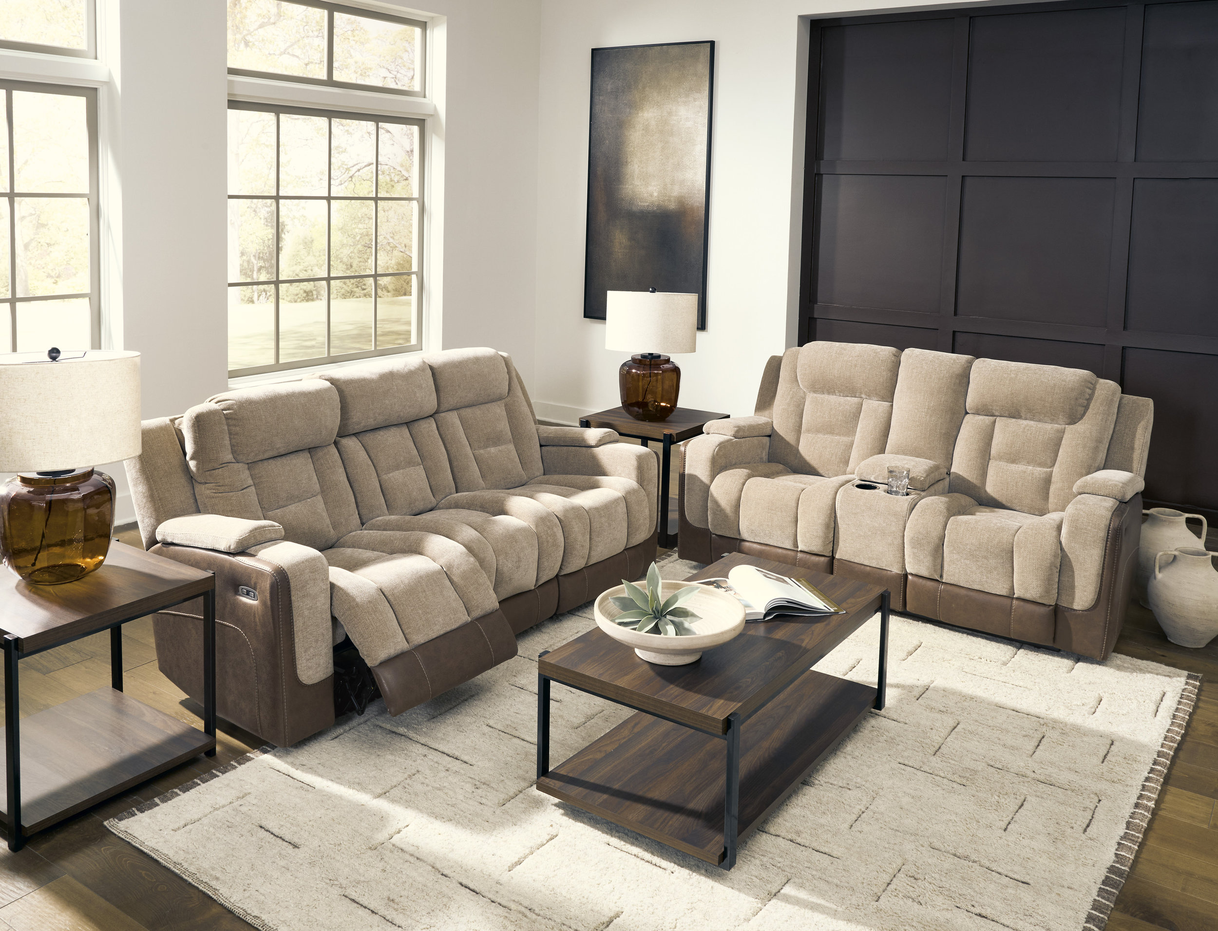 Mixed Motion Faux Leather/Polyester Power Reclining Living Room Set with Adjustable Headrest