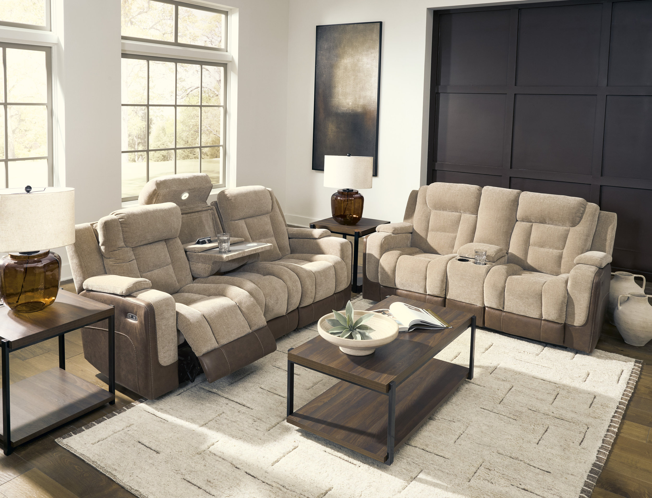 Mixed Motion Faux Leather/Polyester Power Reclining Living Room Set with Adjustable Headrest