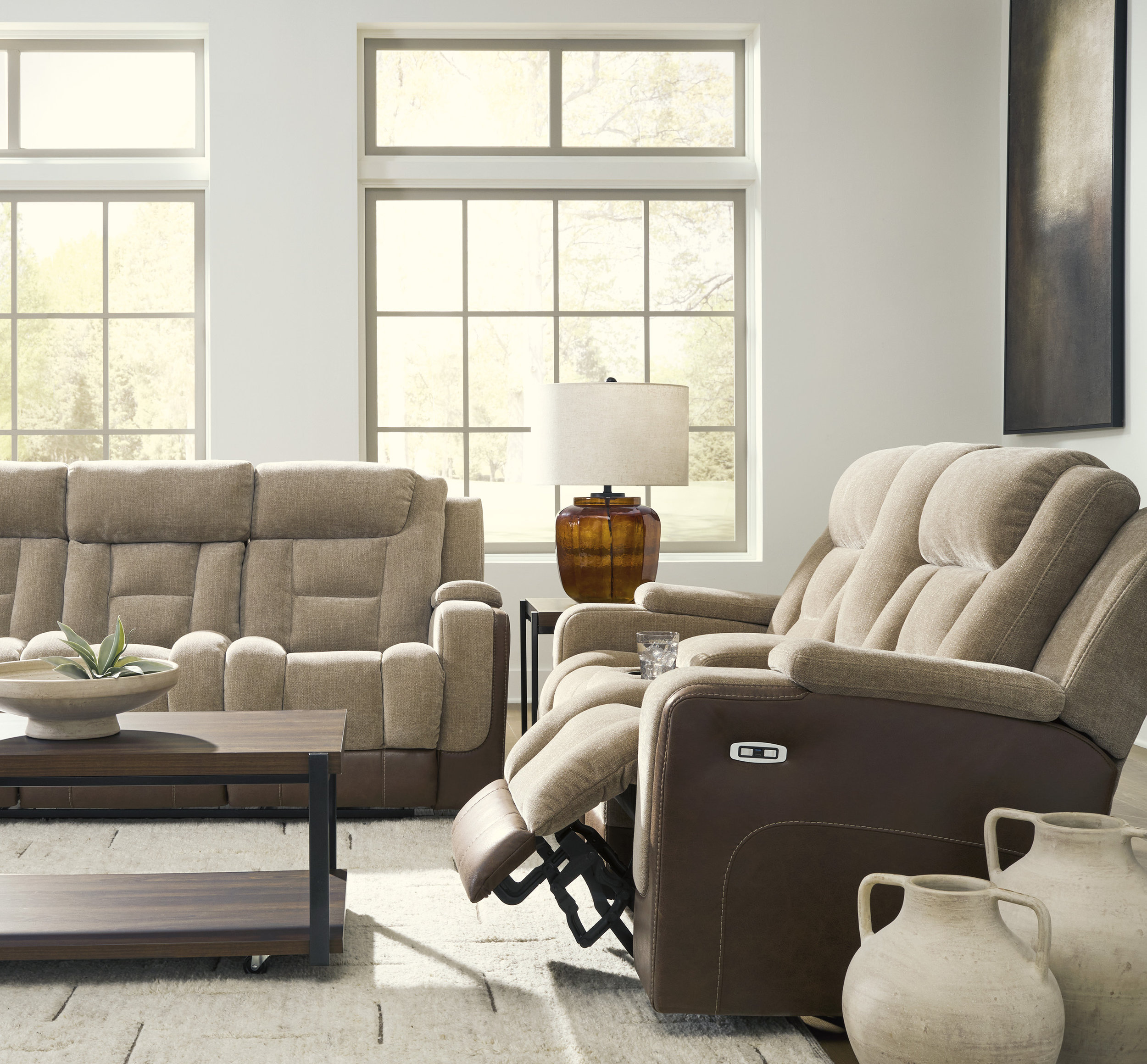 Mixed Motion Faux Leather/Polyester Power Reclining Loveseat with Adjustable Headrest