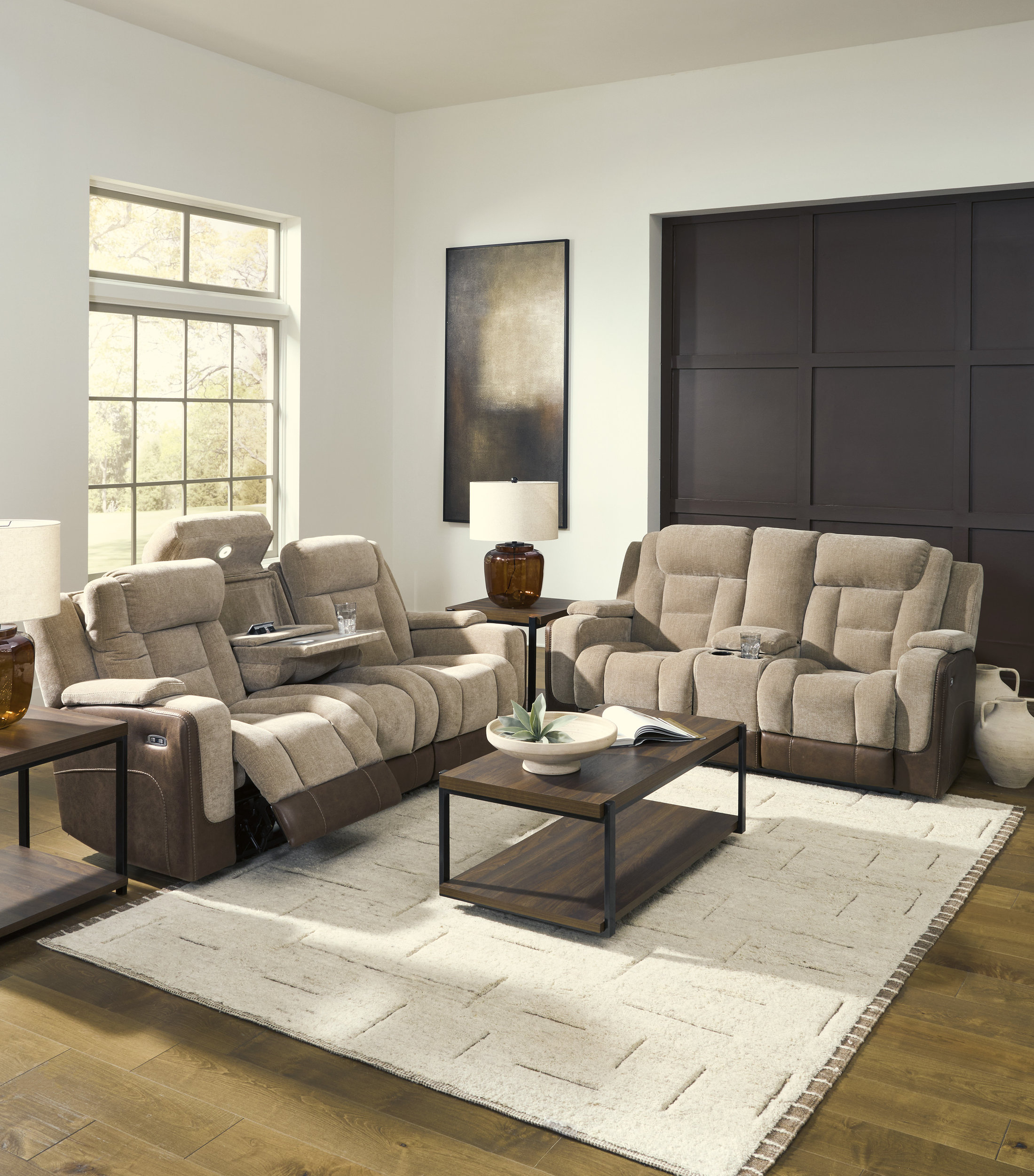 Mixed Motion Faux Leather/Polyester Power Reclining Loveseat with Adjustable Headrest