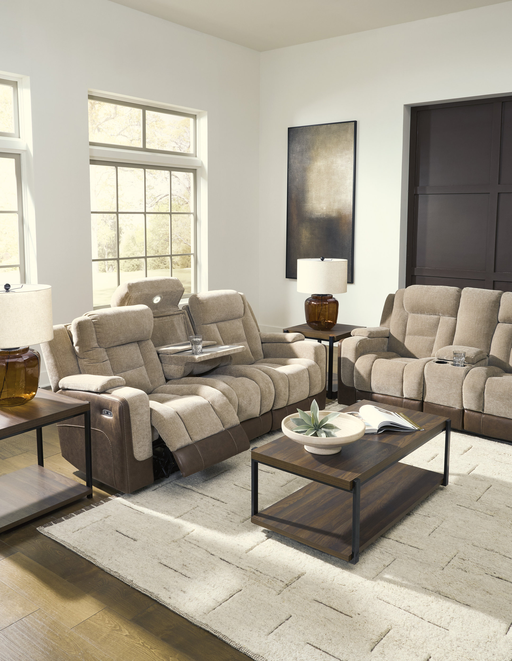 Mixed Motion Faux Leather/Polyester Power Reclining Living Room Set with Adjustable Headrest