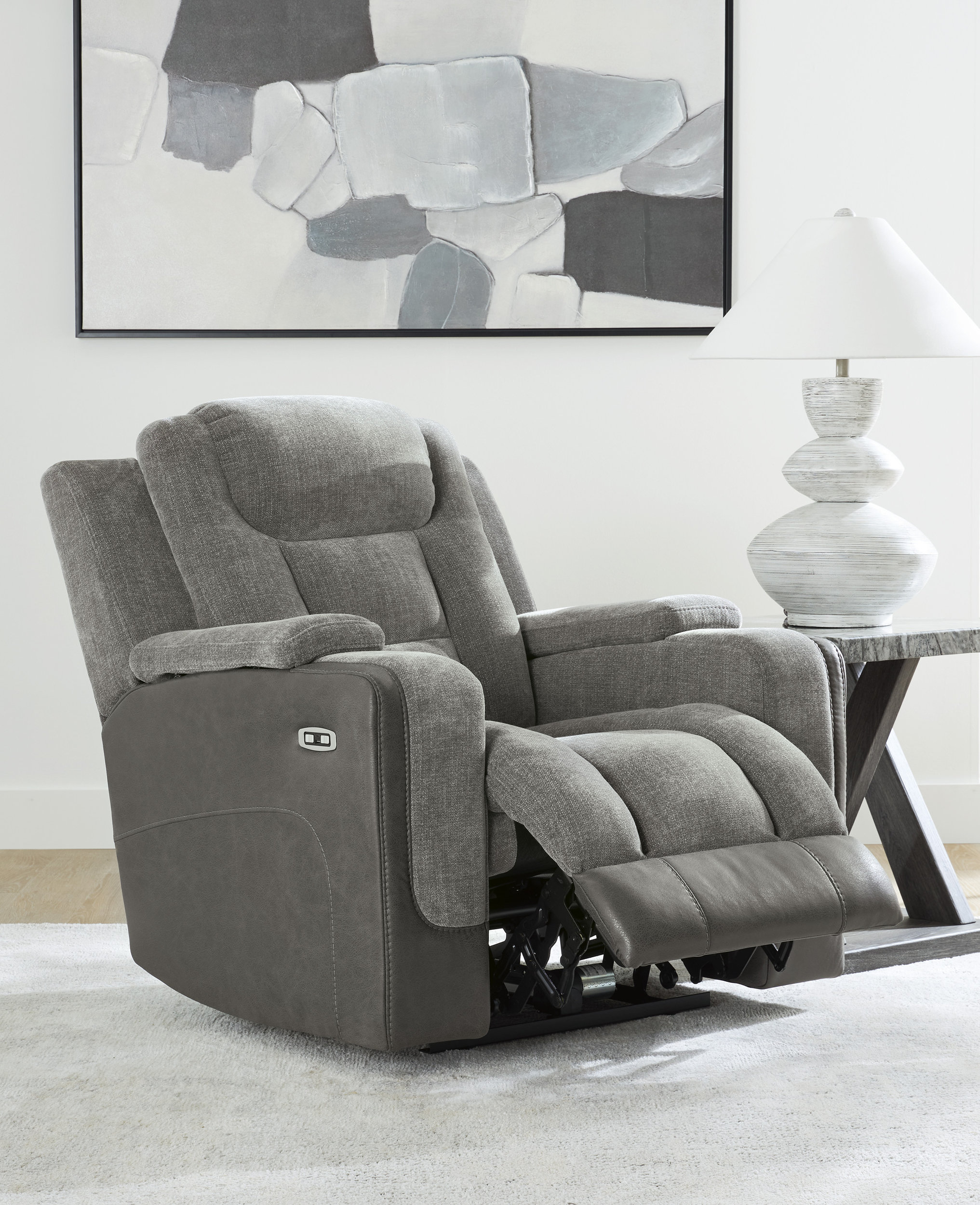 Mixed Motion Faux Leather/Polyester Power Recliner with Adjustable Headrest