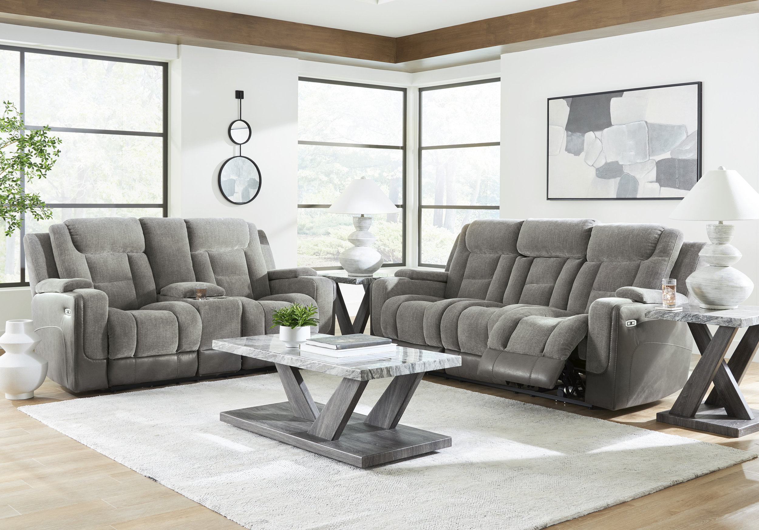 Mixed Motion Faux Leather/Polyester Power Reclining Living Room Set with Adjustable Headrest
