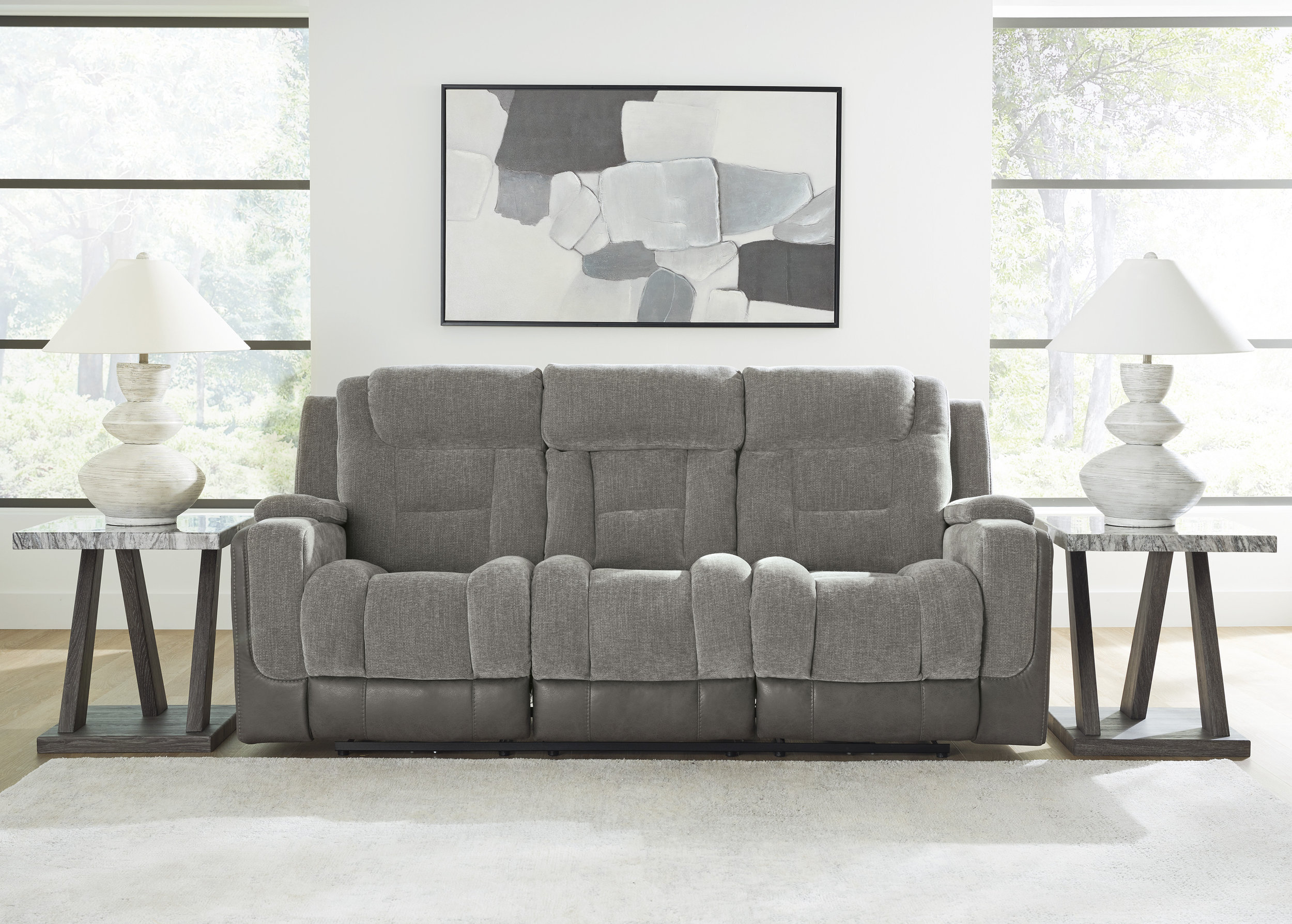 Mixed Motion Faux Leather/Polyester Power Reclining Living Room Set with Adjustable Headrest