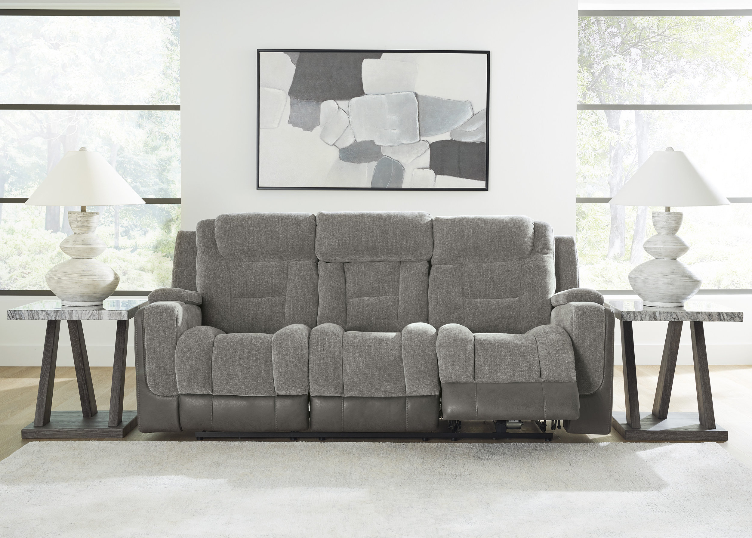 Mixed Motion Faux Leather/Polyester Power Reclining Sofa with Adjustable Headrest
