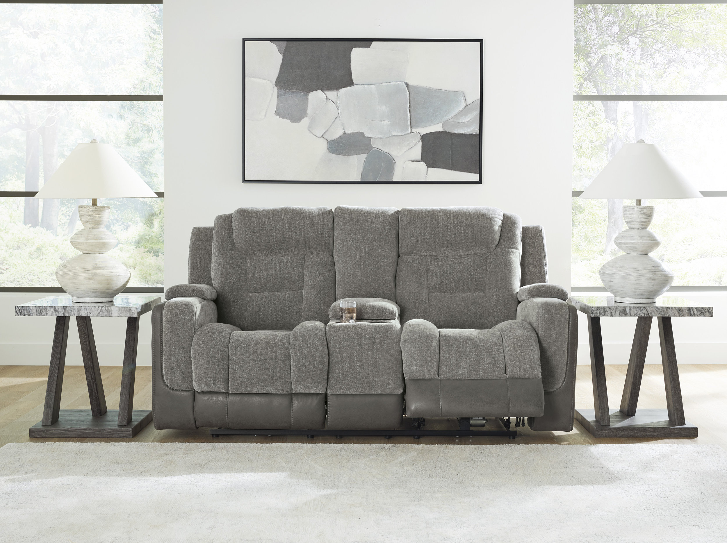 Mixed Motion Faux Leather/Polyester Power Reclining Loveseat with Adjustable Headrest