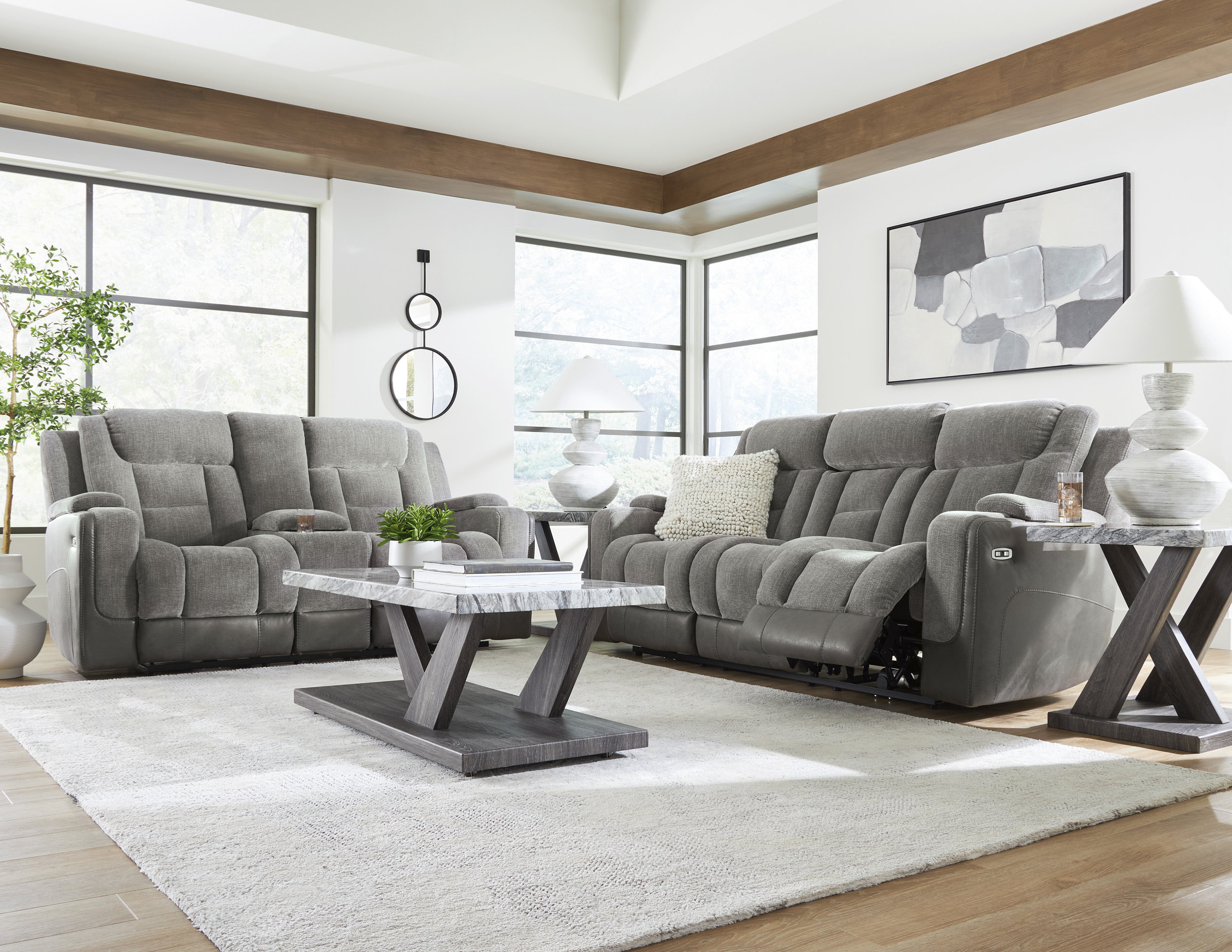 Mixed Motion Faux Leather/Polyester Power Reclining Living Room Set with Adjustable Headrest