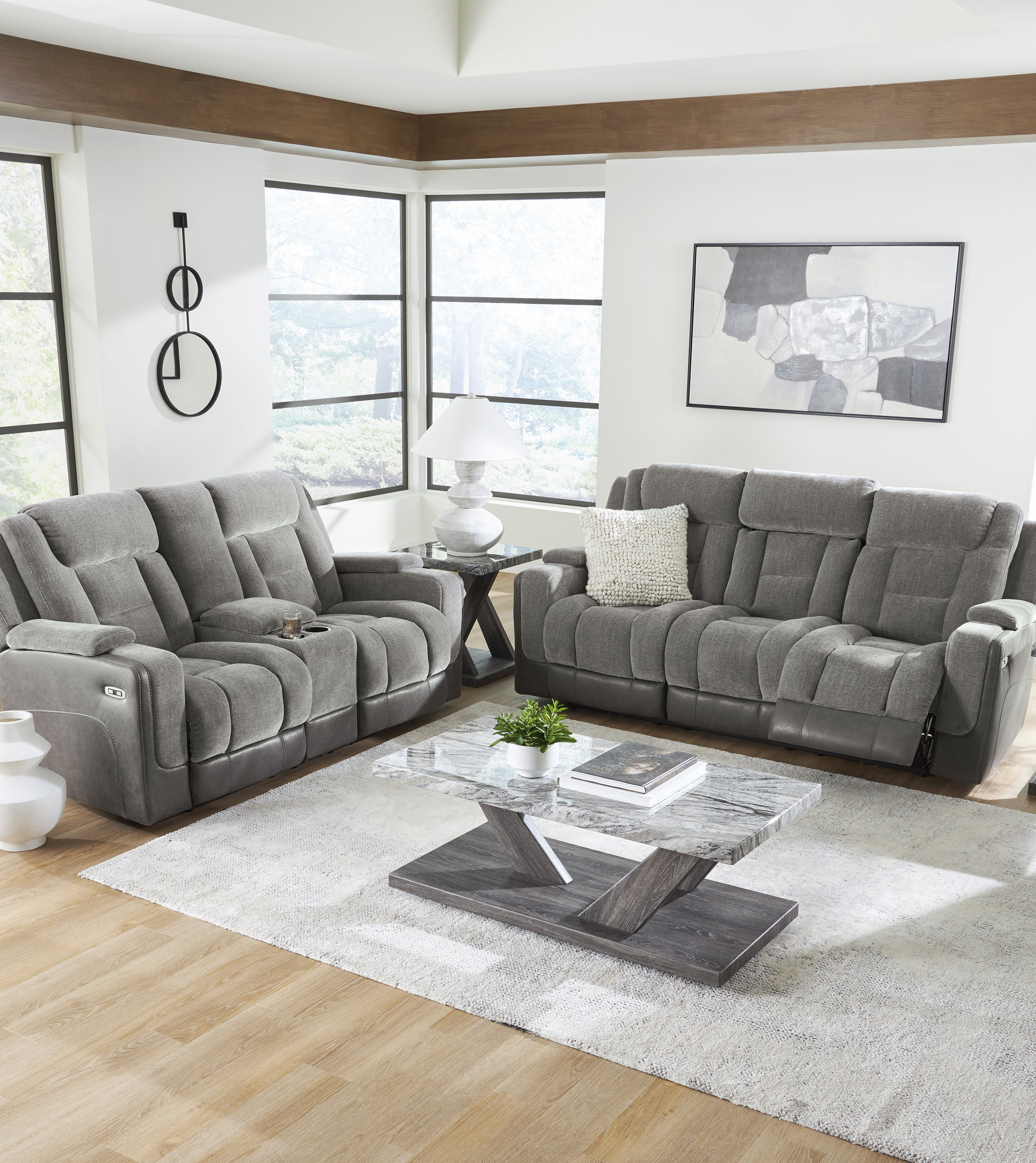 Mixed Motion Faux Leather/Polyester Power Reclining Loveseat with Adjustable Headrest