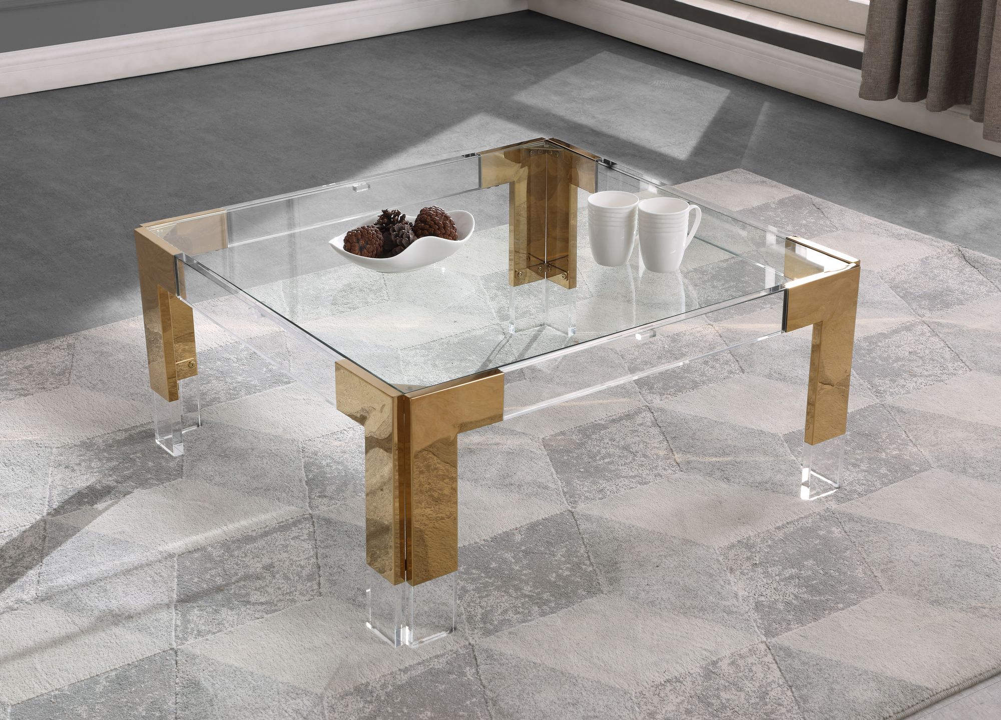 Casper 36" Square Glass Coffee Table with Acrylic & Gold Inserts