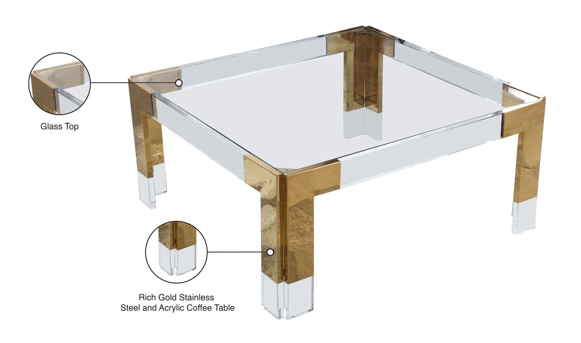 Casper 36" Square Glass Coffee Table with Acrylic & Gold Inserts