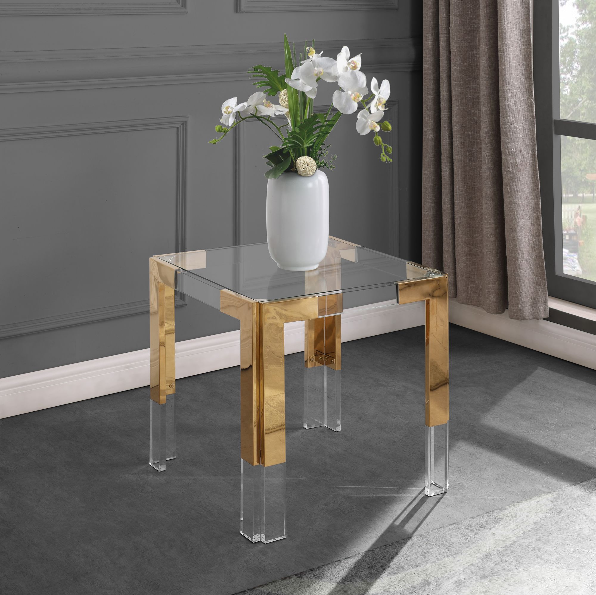 Casper 22" Square Glass End Table with Gold Stainless Steel & Acrylic Base