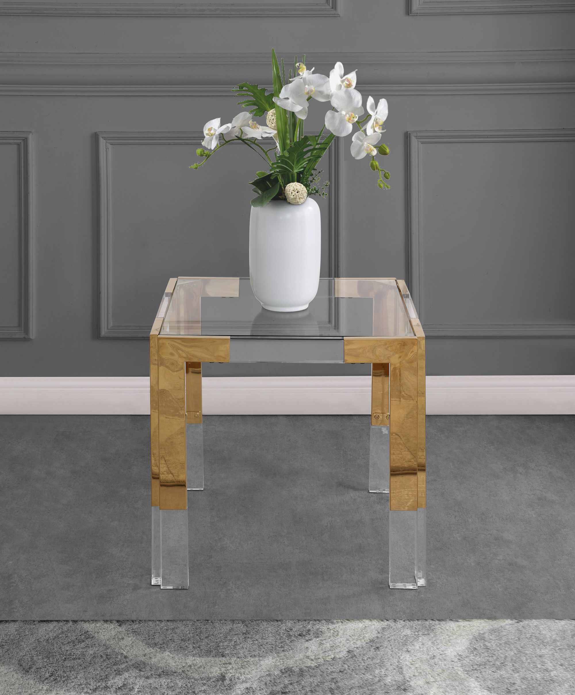 Casper 22" Square Glass End Table with Gold Stainless Steel & Acrylic Base