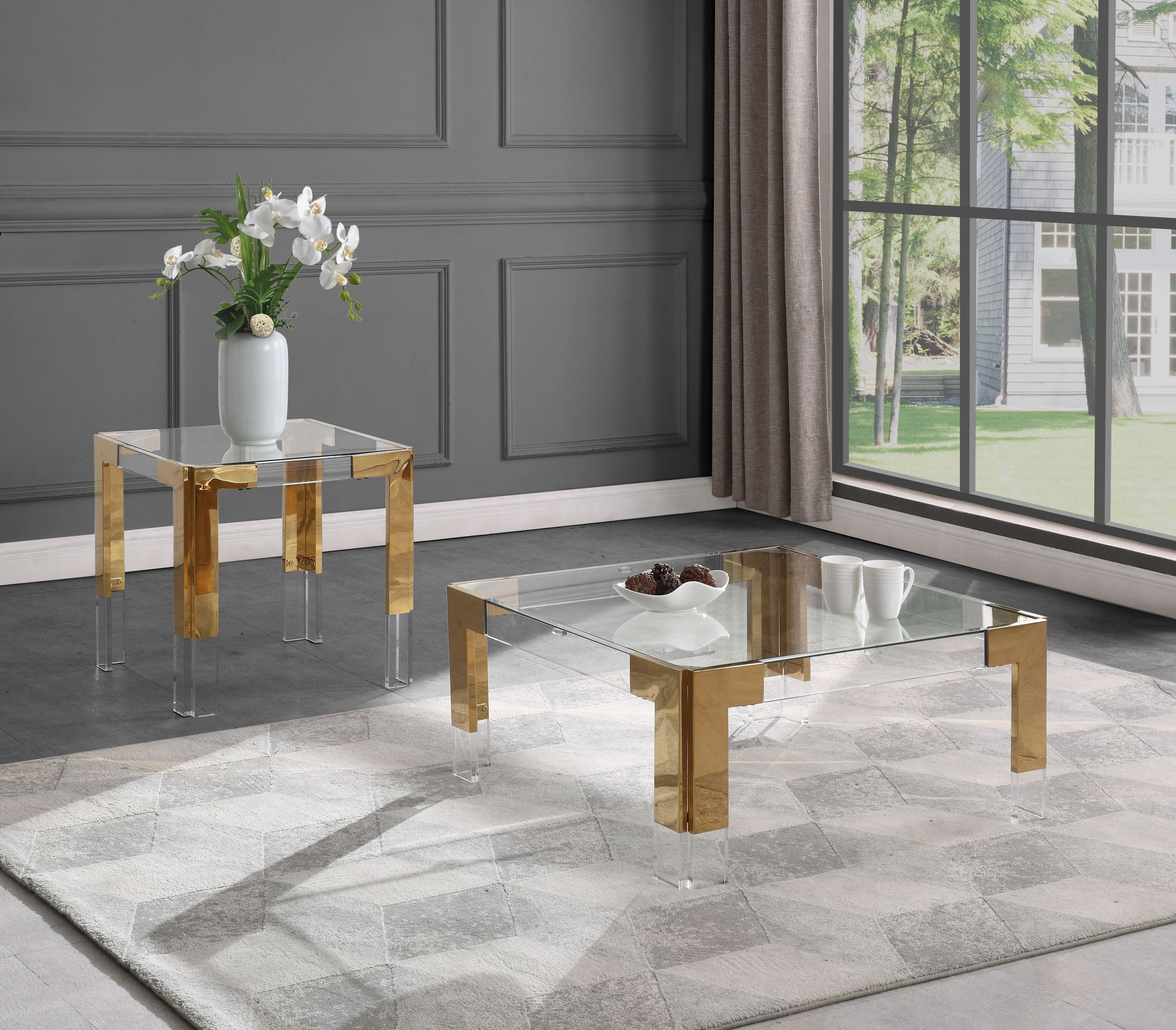 Casper 22" Square Glass End Table with Gold Stainless Steel & Acrylic Base