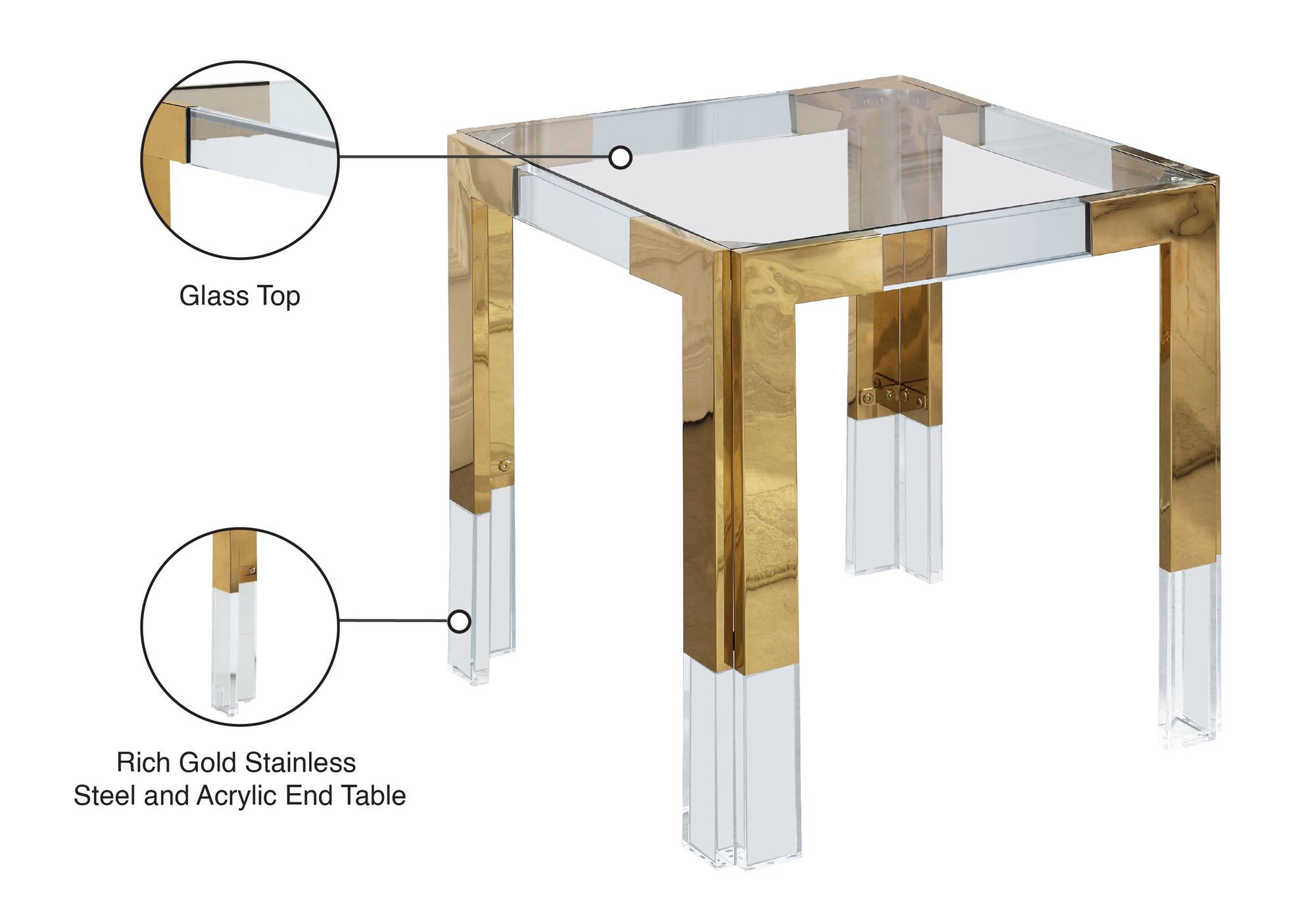Casper 22" Square Glass End Table with Stainless Steel & Acrylic Base