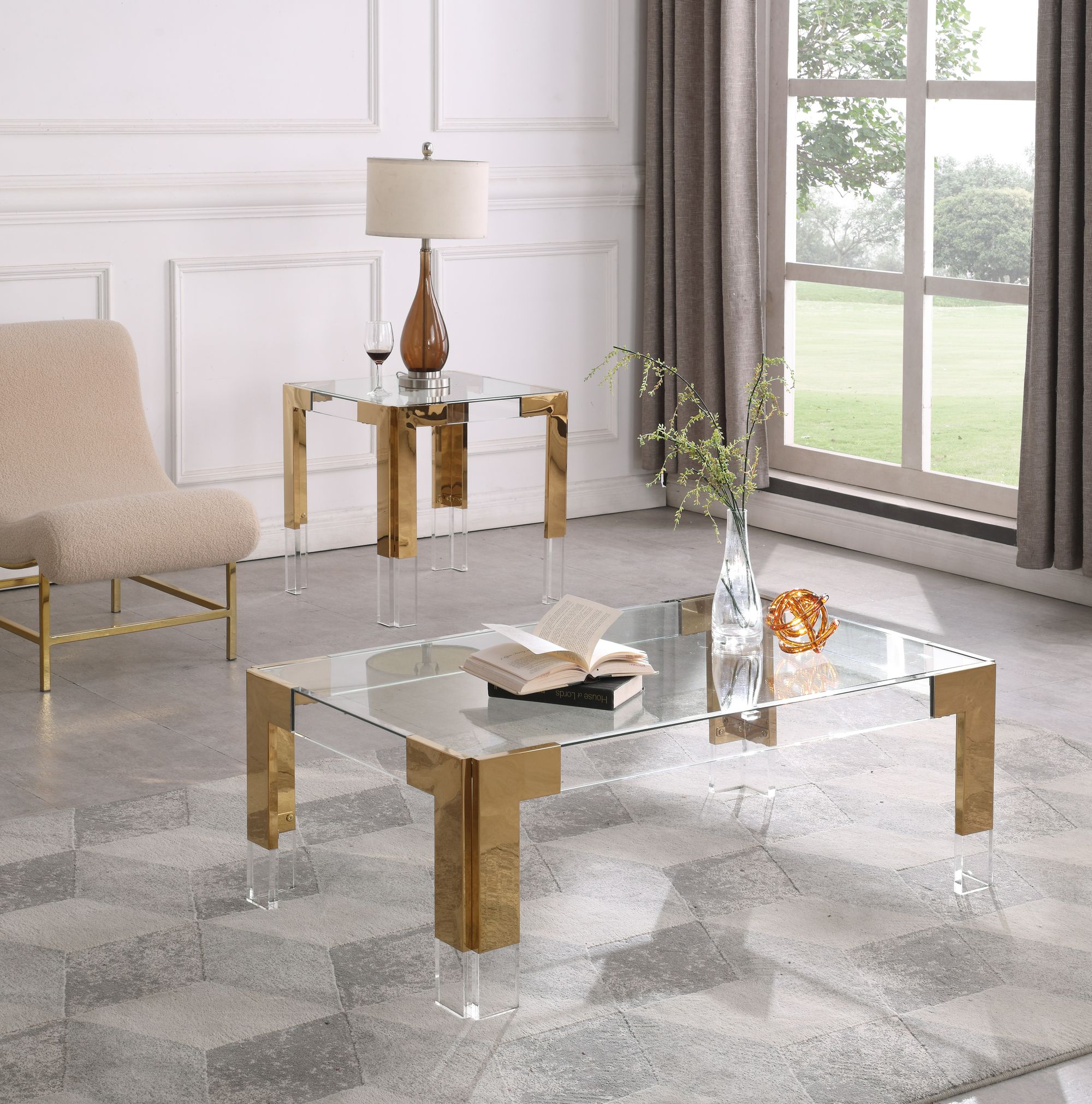 Casper 47" Rectangular Glass Coffee Table with Acrylic & Gold Inserts