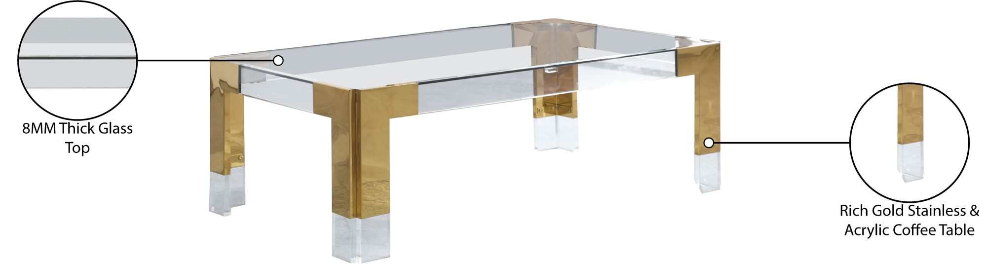 Casper 47" Rectangular Glass Coffee Table with Acrylic & Gold Inserts