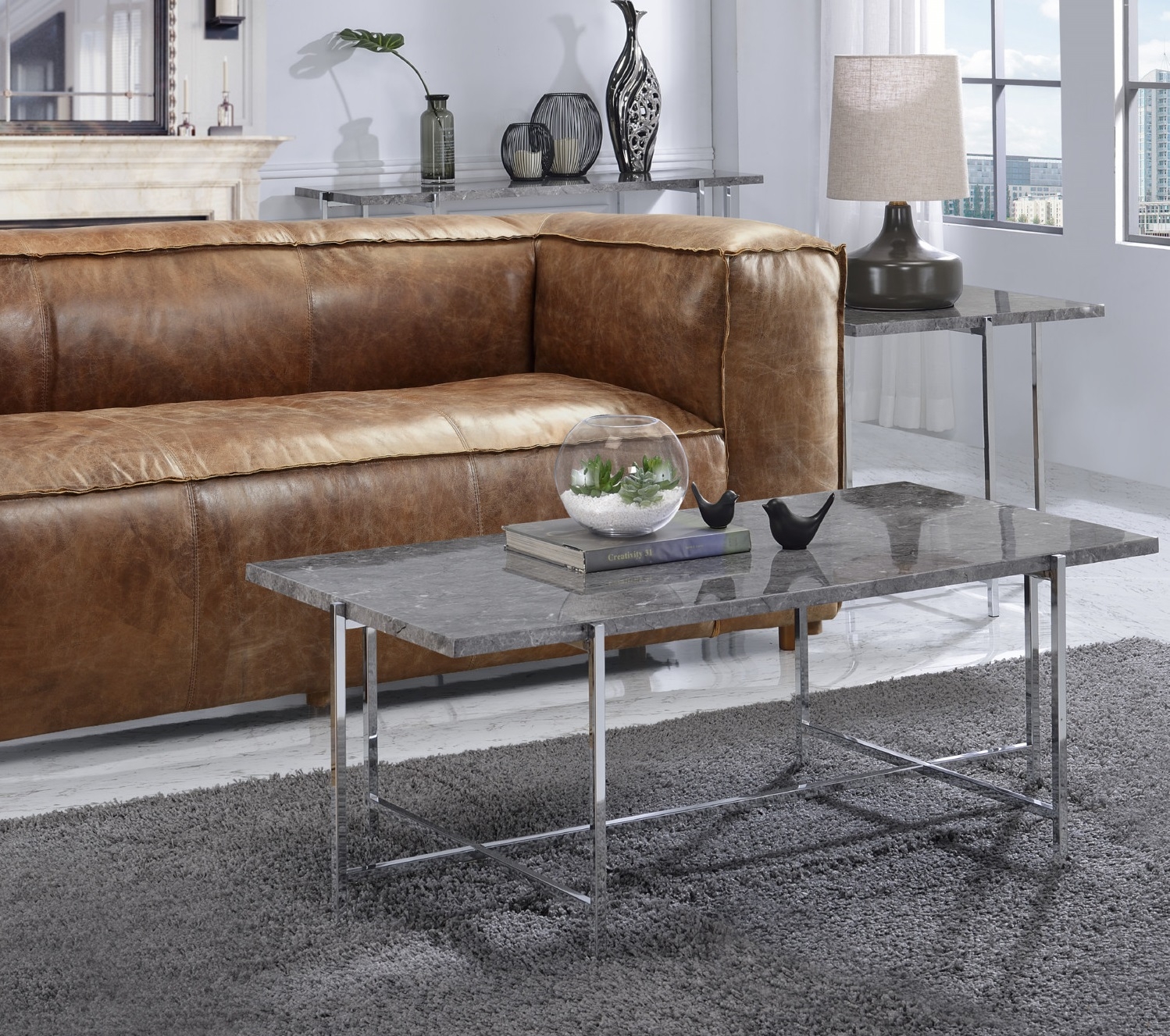Adelae Faux Marble Rectangular End Table