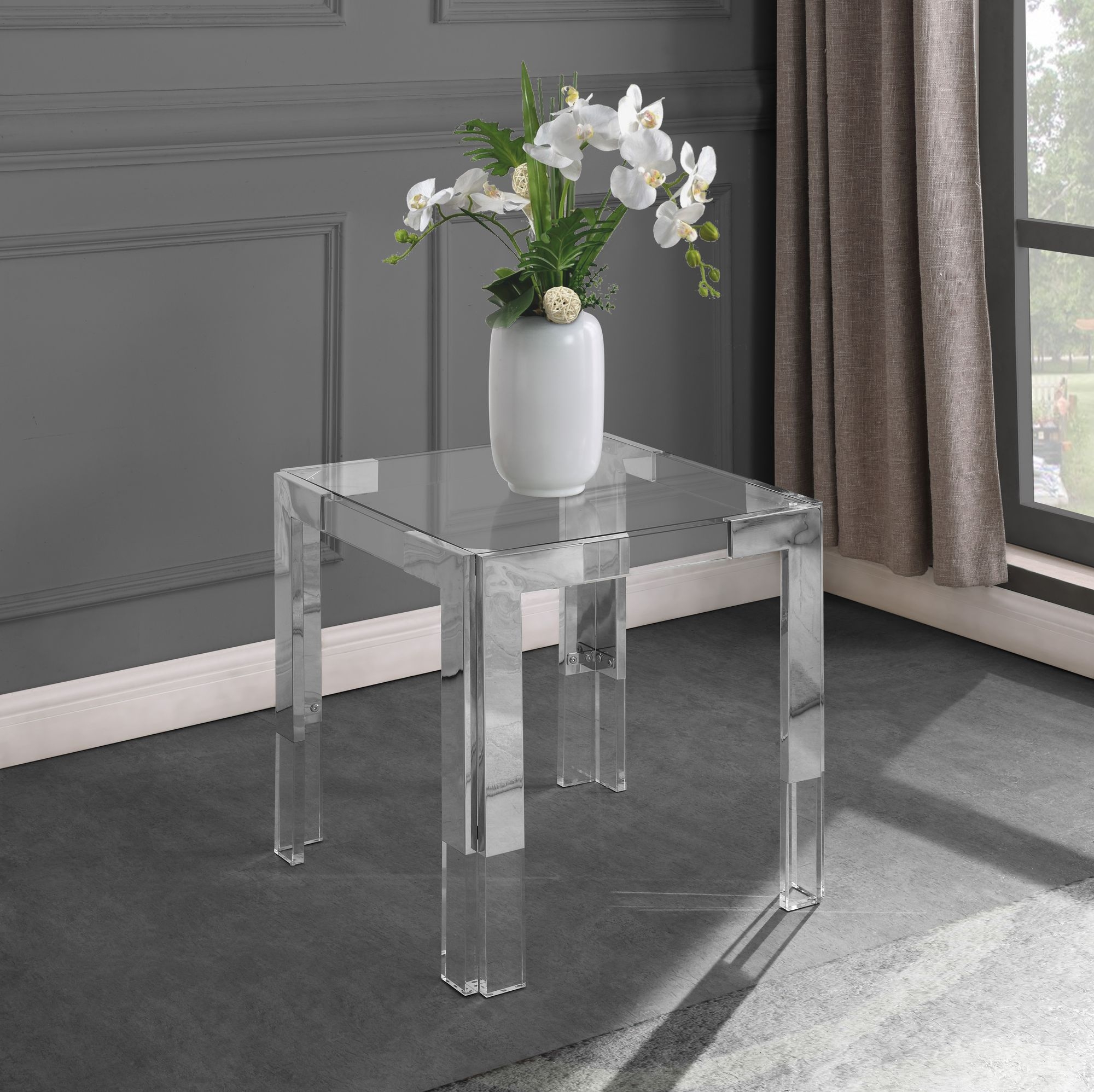 Casper 22" Square Glass End Table with Stainless Steel & Acrylic Base