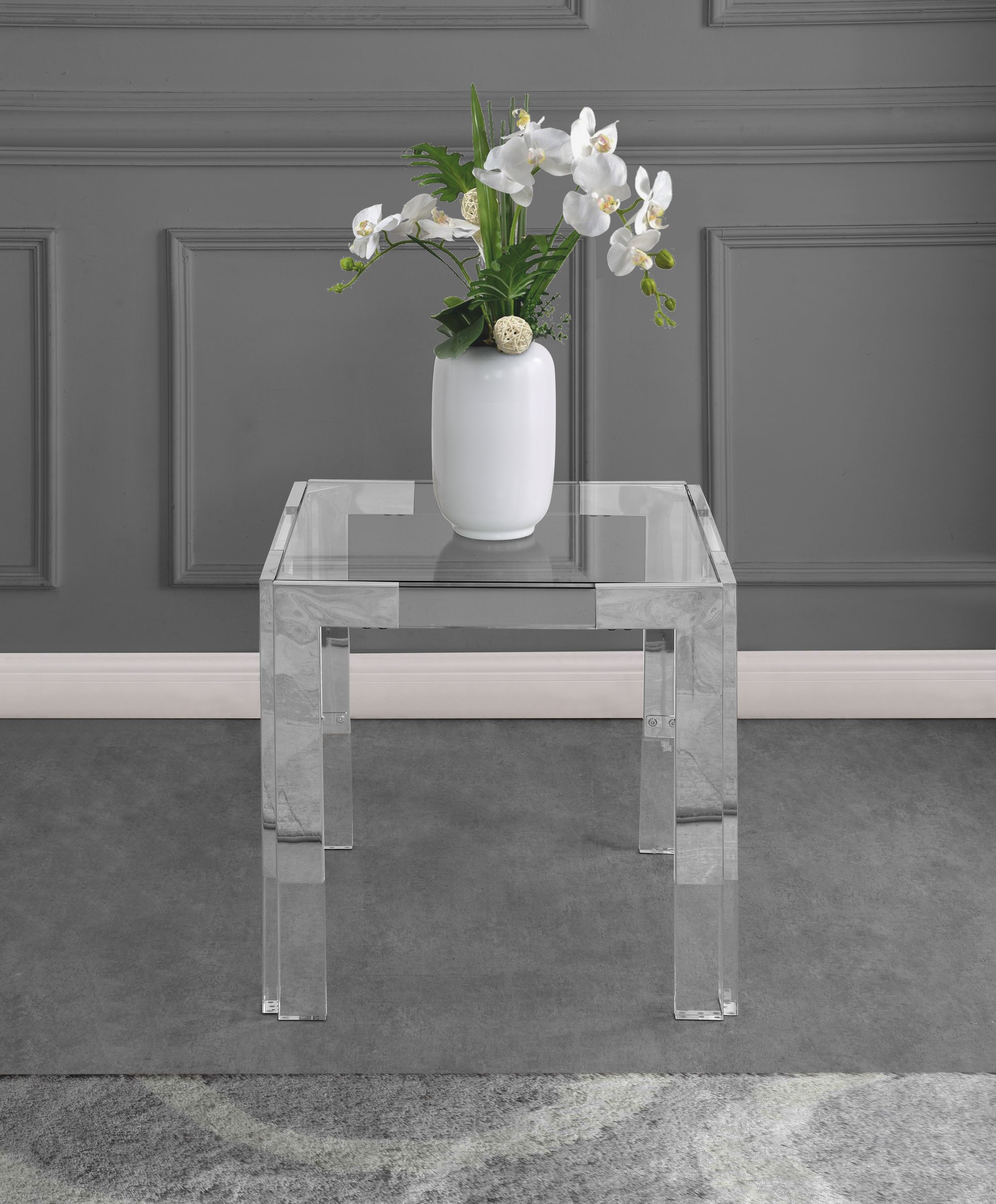 Casper 22" Square Glass End Table with Chrome Stainless Steel & Acrylic Base