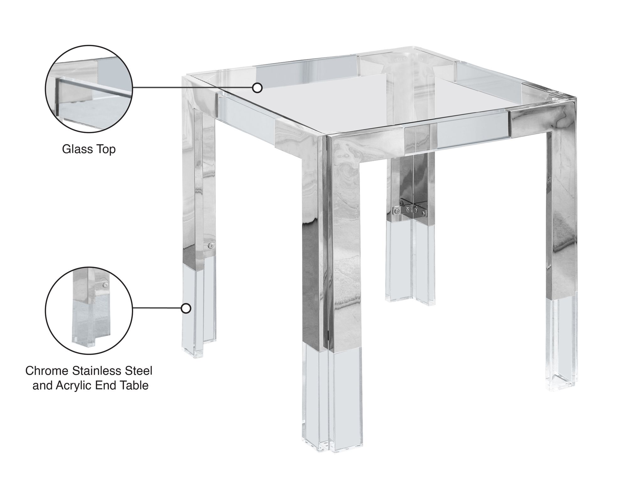 Casper 22" Square Glass End Table with Chrome Stainless Steel & Acrylic Base