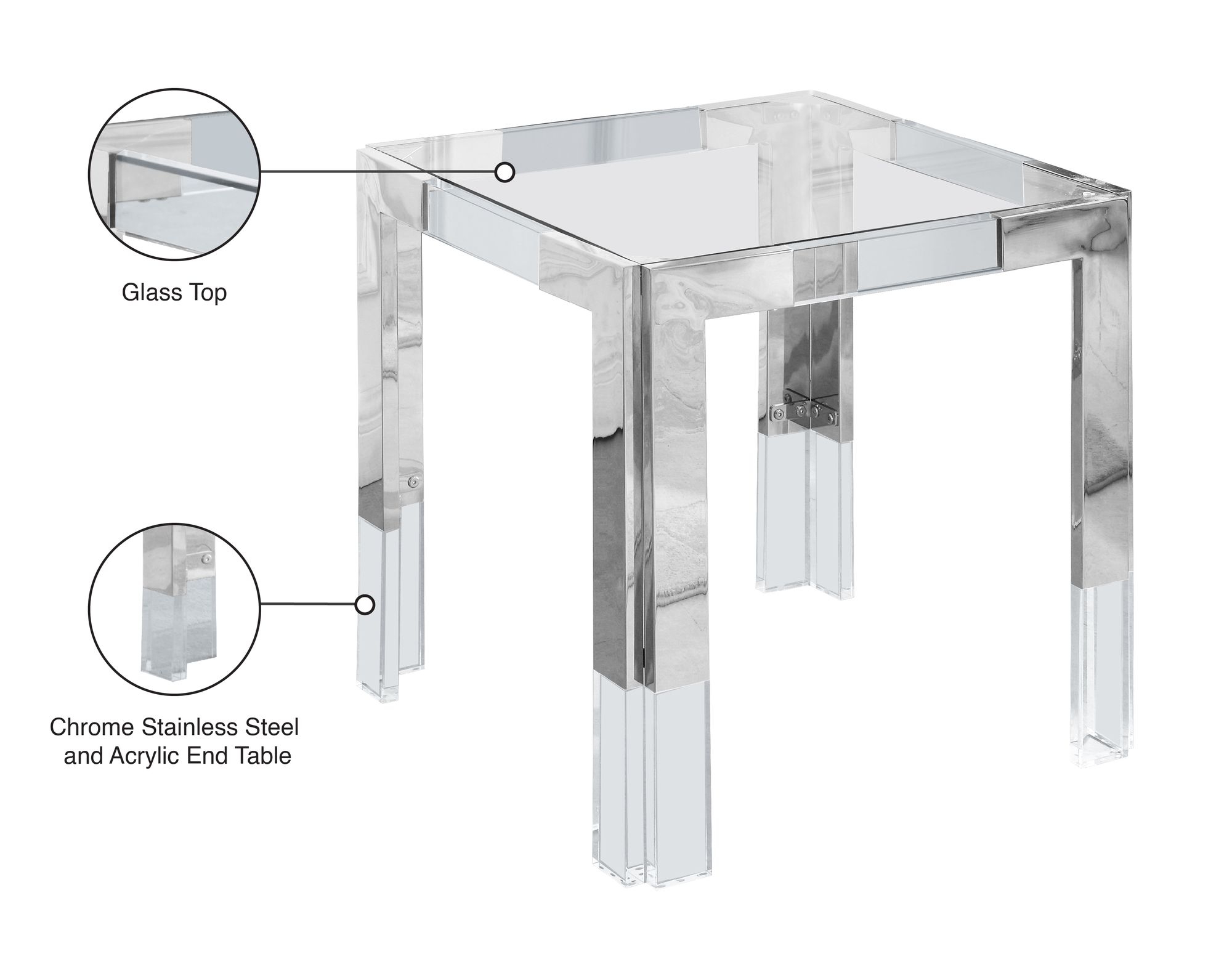 Casper 22" Square Glass End Table with Stainless Steel & Acrylic Base
