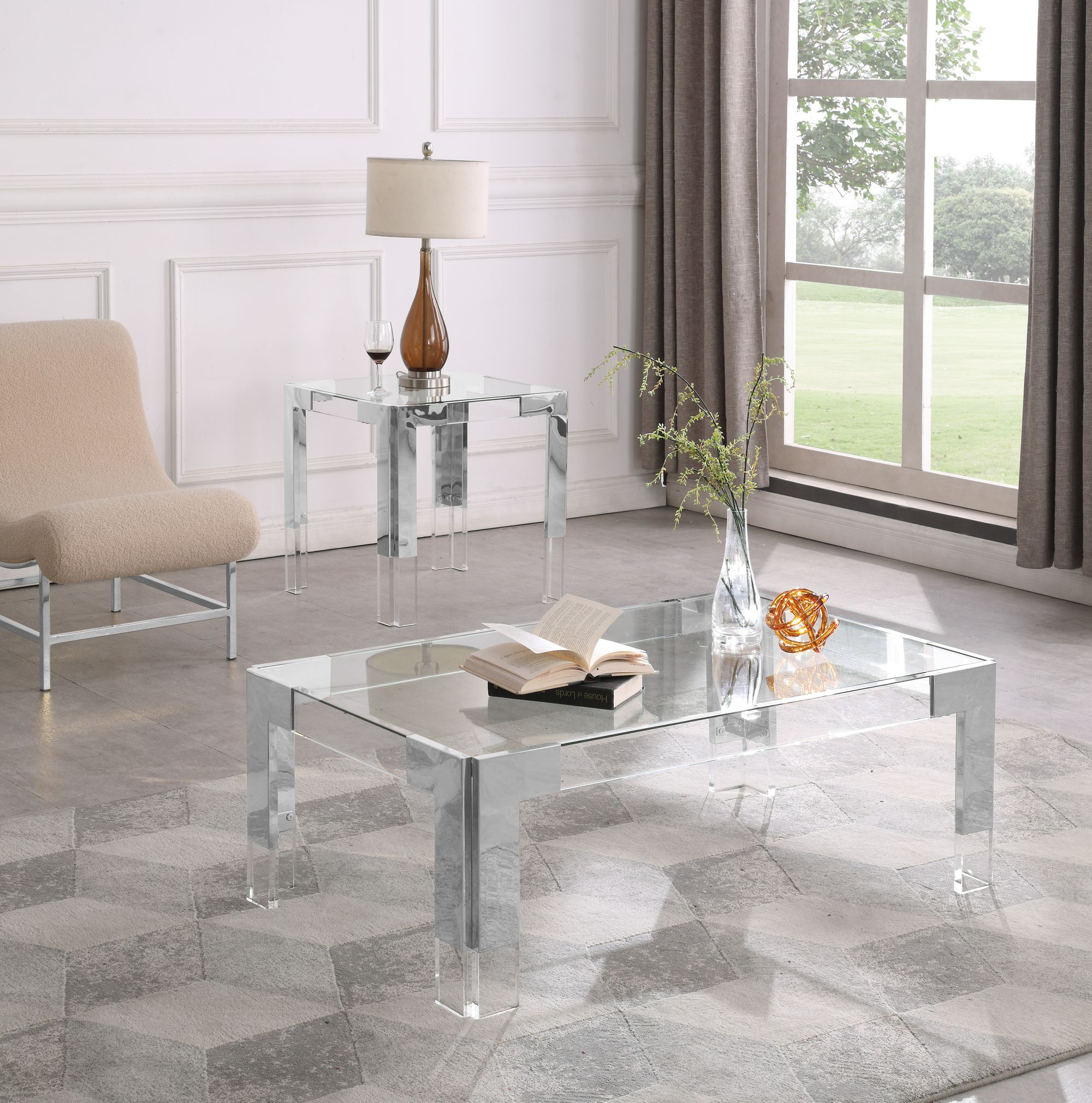 Casper 47" Rectangular Glass Coffee Table with Acrylic & Chrome Inserts