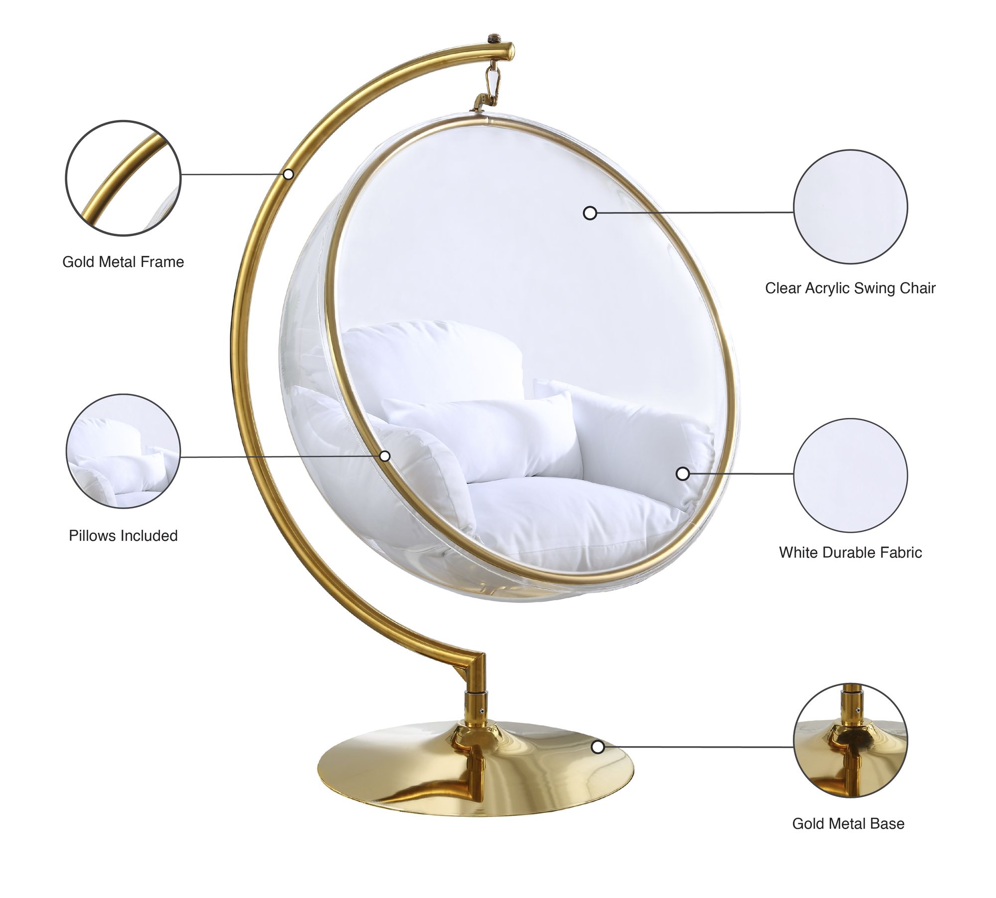 Luna Acrylic Swing Bubble Accent Chair with Gold Metal Base