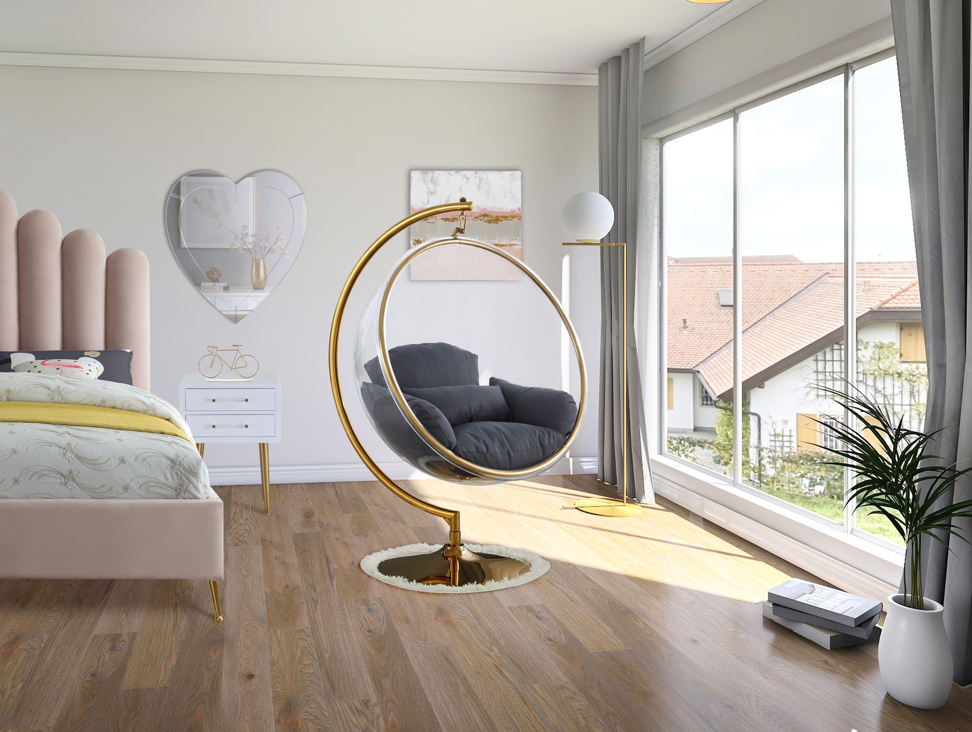 Luna Acrylic Swing Bubble Accent Chair with Gold Metal Base