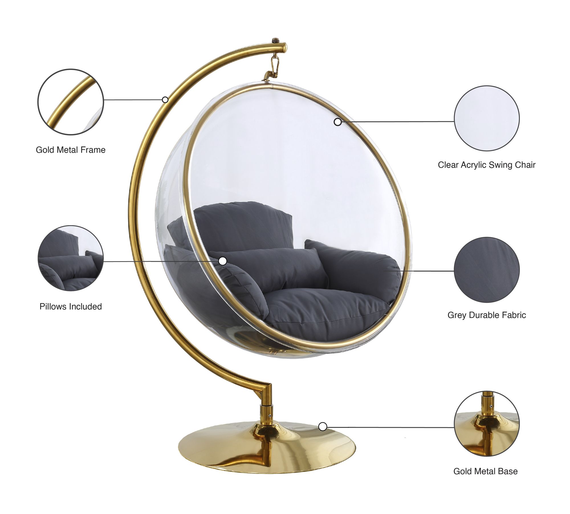 Luna Acrylic Swing Bubble Accent Chair with Gold Metal Base