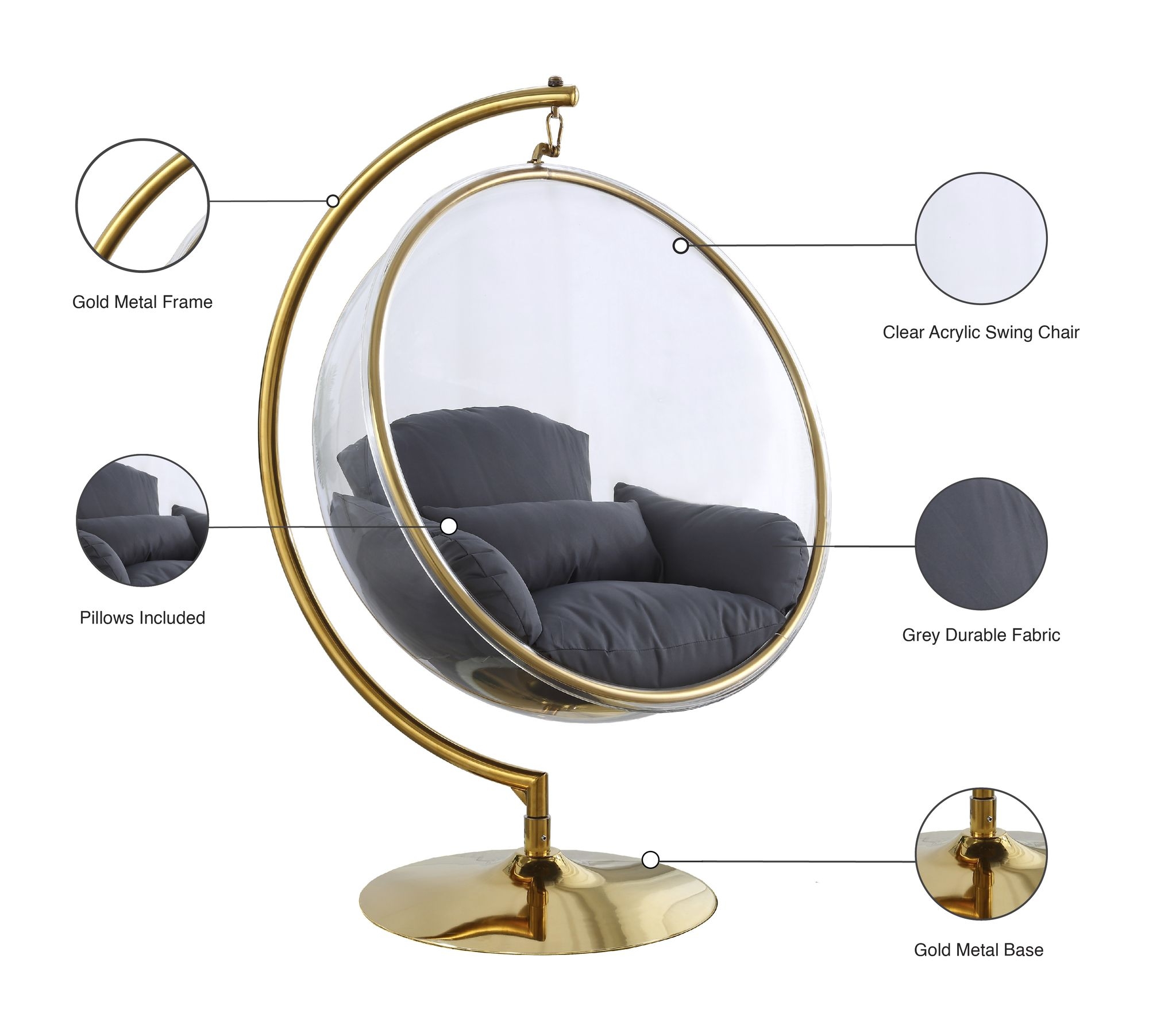 Luna Acrylic Swing Bubble Accent Chair with Metal Base