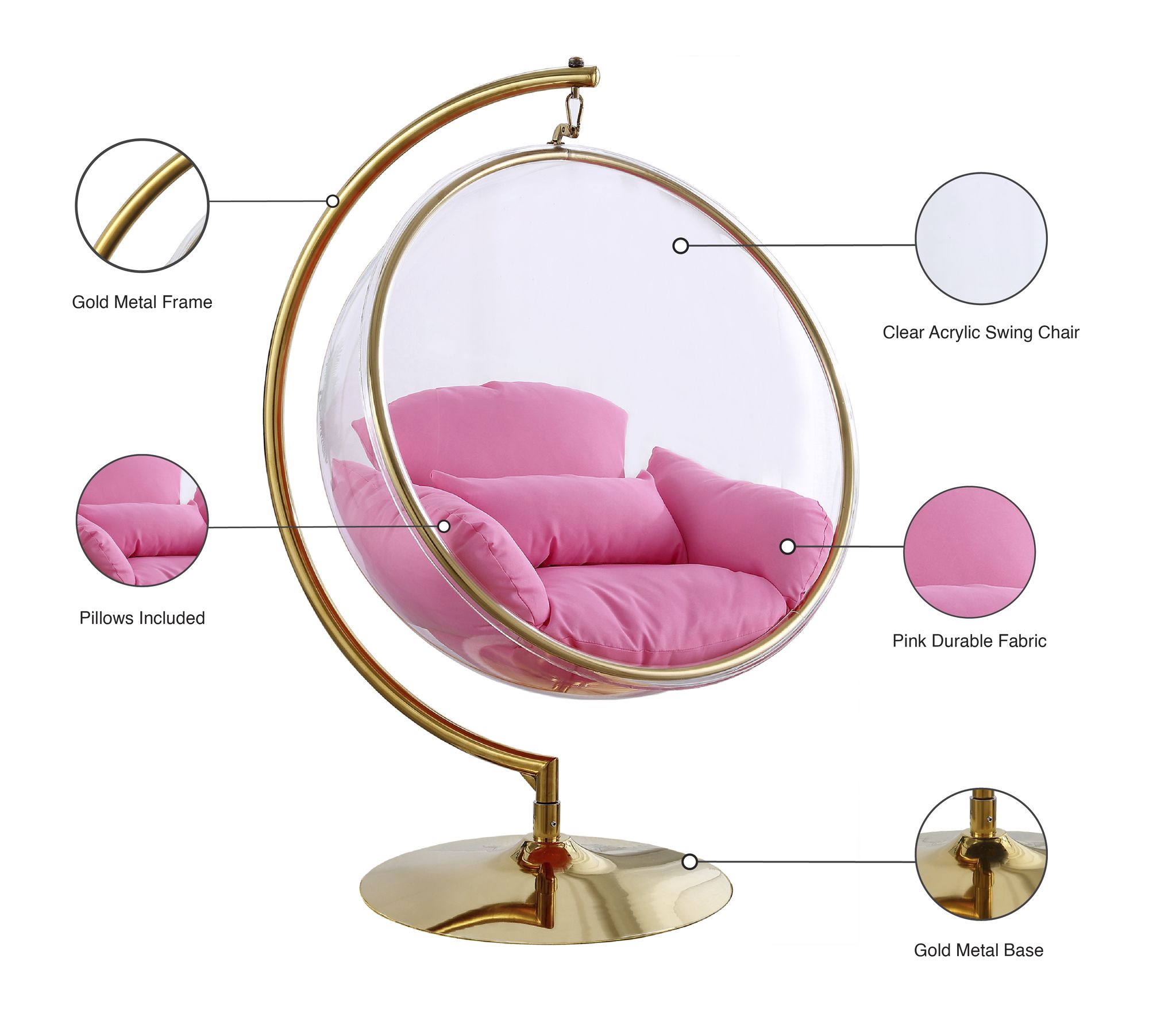 Luna Acrylic Swing Bubble Accent Chair with Gold Metal Base