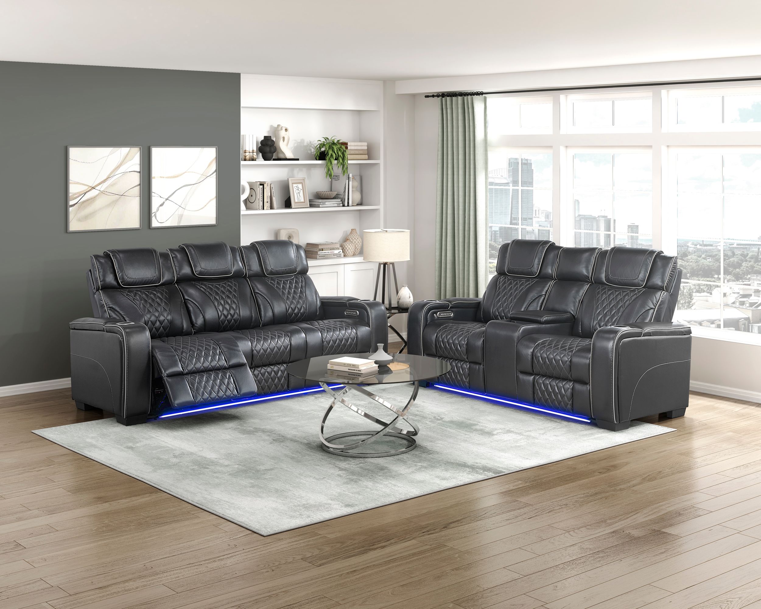 Apex Leather Power Double Reclining Sofa with LED Lighting