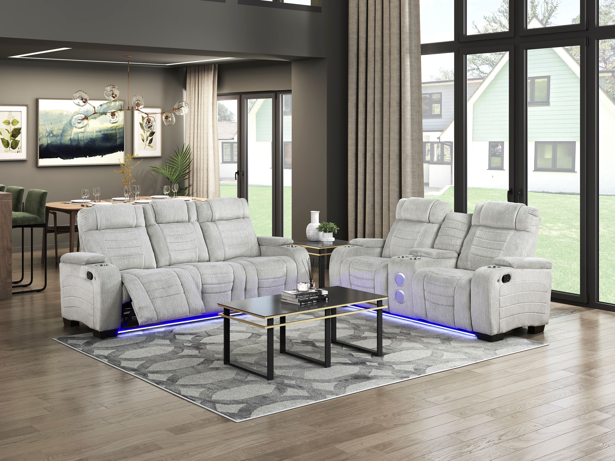 Ronan Microfiber Double Reclining Sofa with LED Lighting