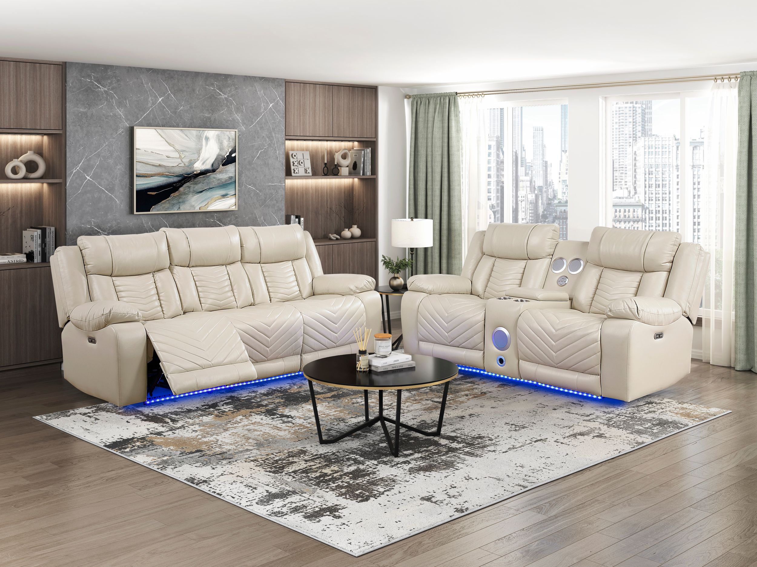 Huron Faux Leather Power Double Reclining Sofa with LED Lighting