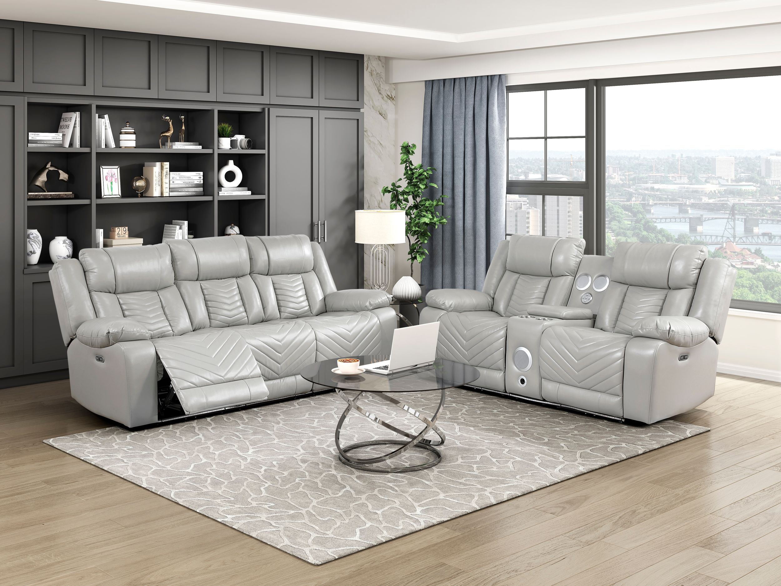 Huron Faux Leather Power Double Reclining Loveseat with LED Lighting
