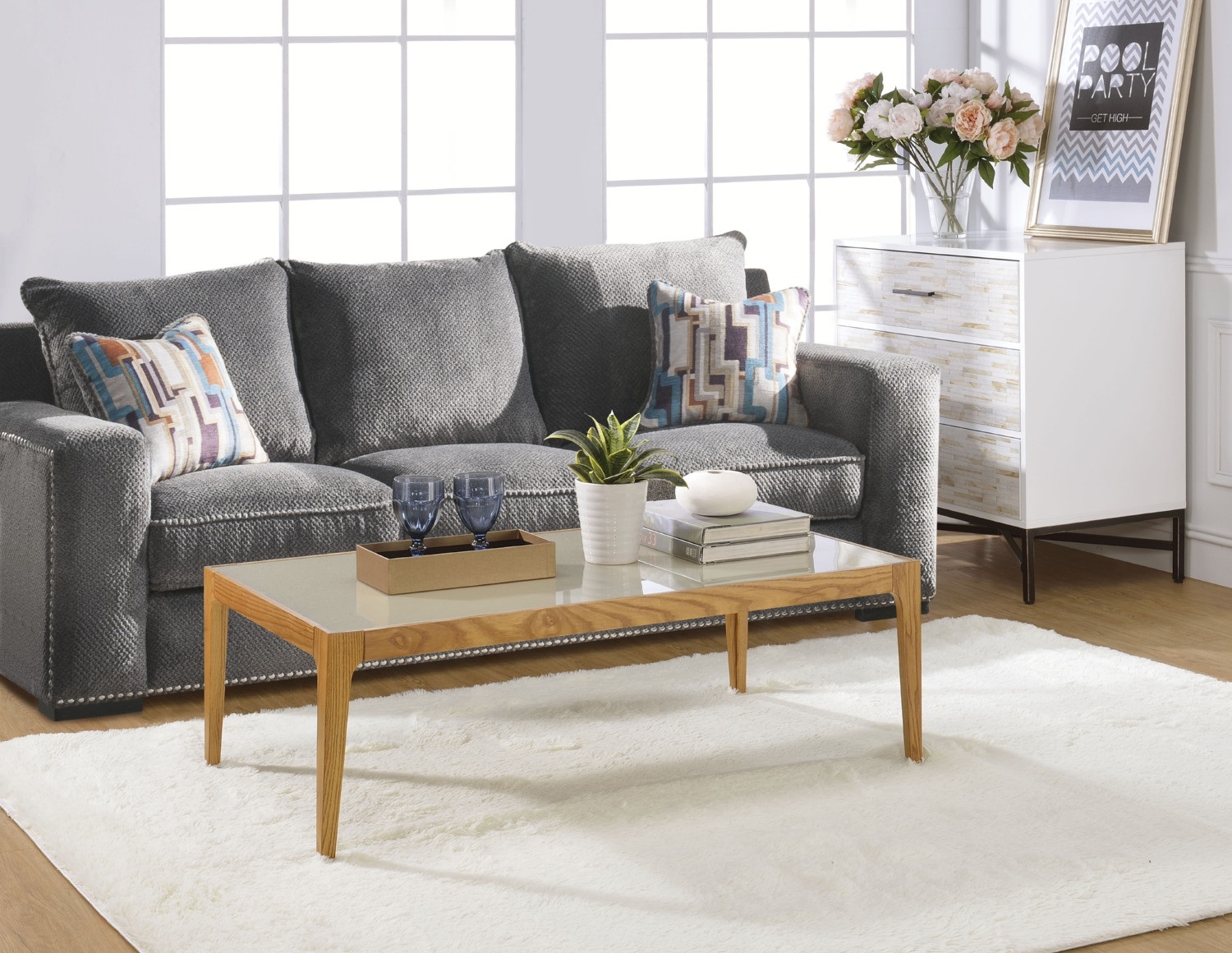 Gwynn Frosted Glass/Wood Rectangular Coffee Table