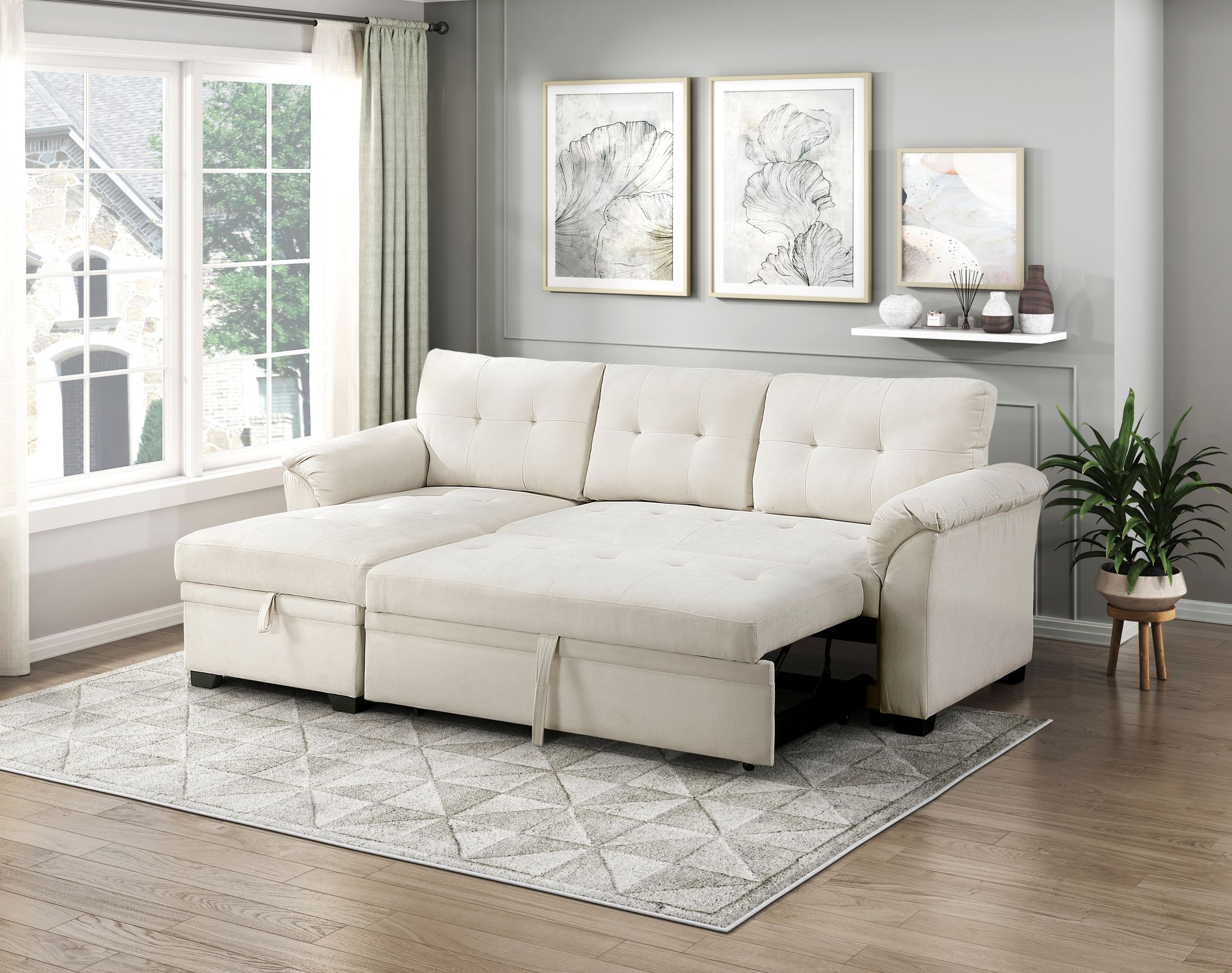 Elara Polyester 2‑Piece Reversible Sectional with Pull‑out Bed, Reversible Chaise & Hidden Storage