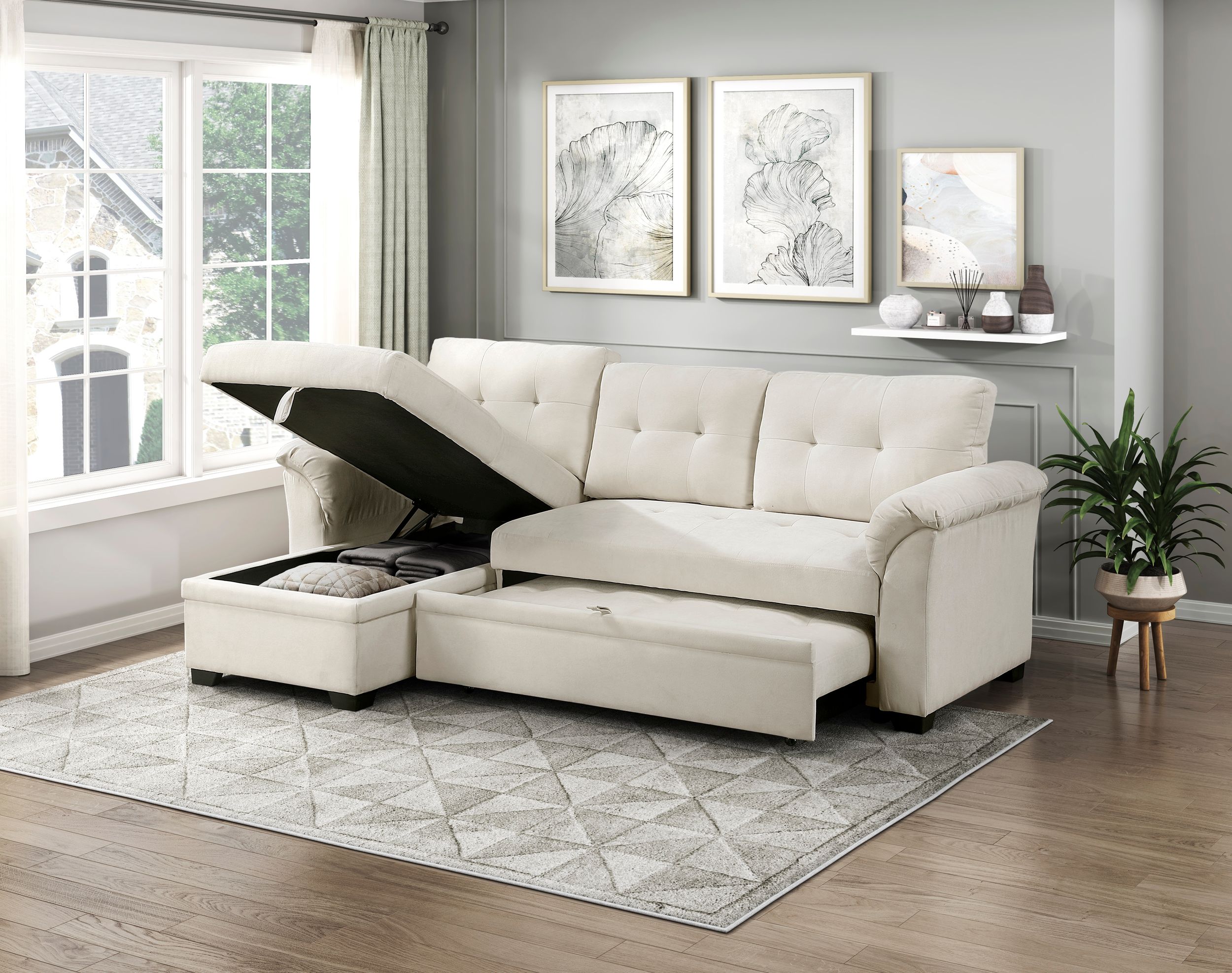 Elara Polyester 2‑Piece Reversible Sectional with Pull‑out Bed, Reversible Chaise & Hidden Storage